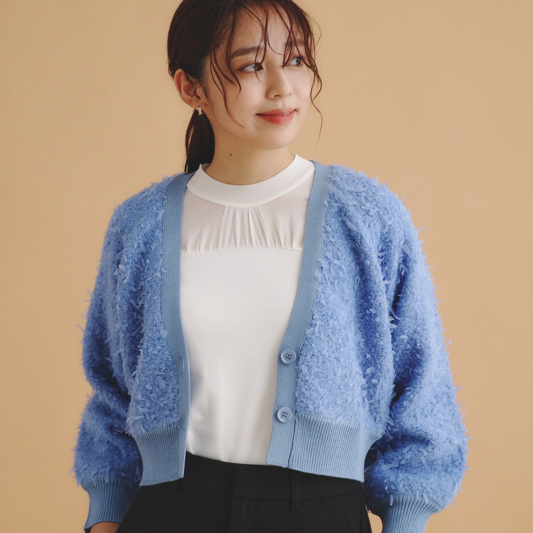 インデックス index チュールフラッグVネックカーディガン【洗濯機可】,ブルー(092)