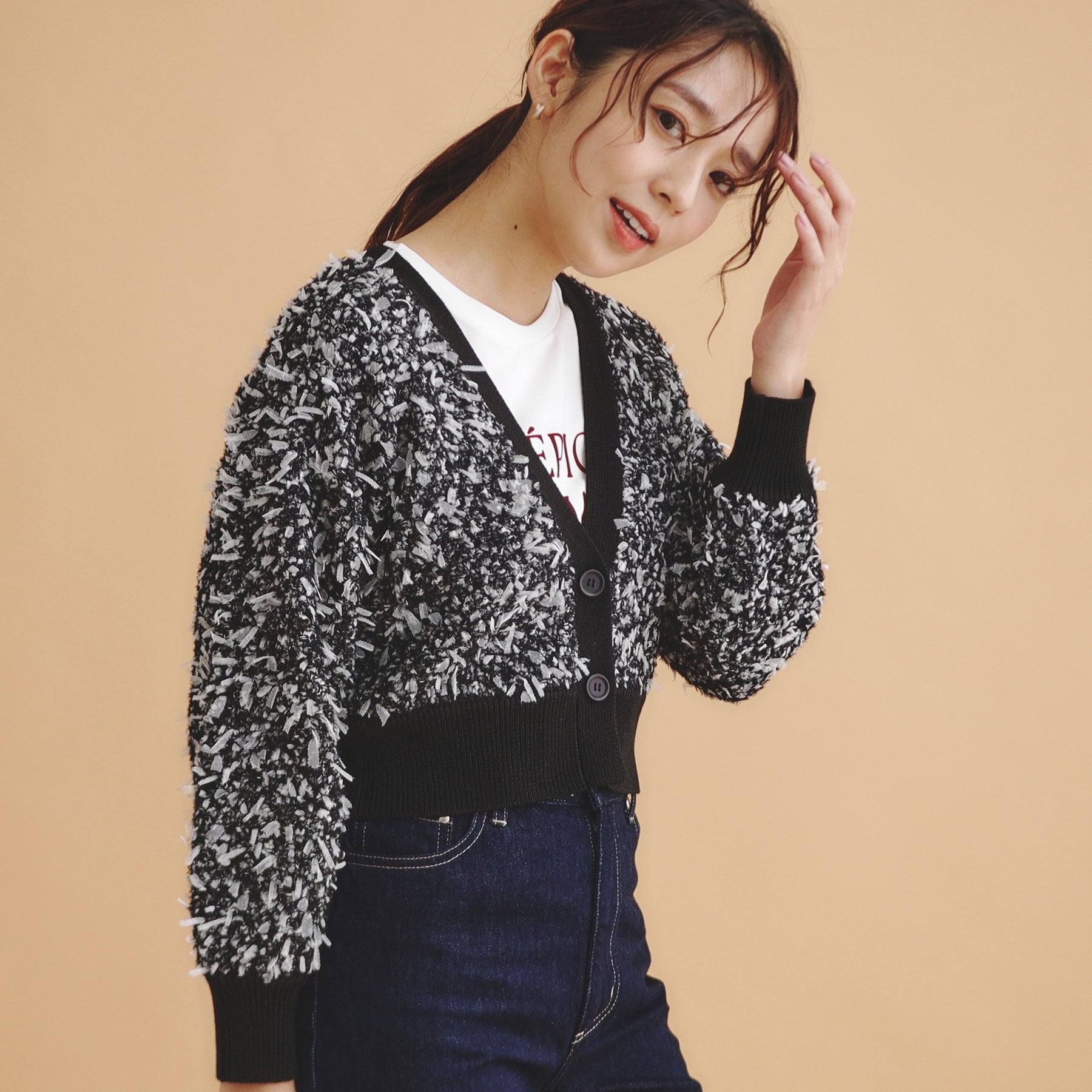 インデックス index チュールフラッグVネックカーディガン【洗濯機可】,ブラック(419)