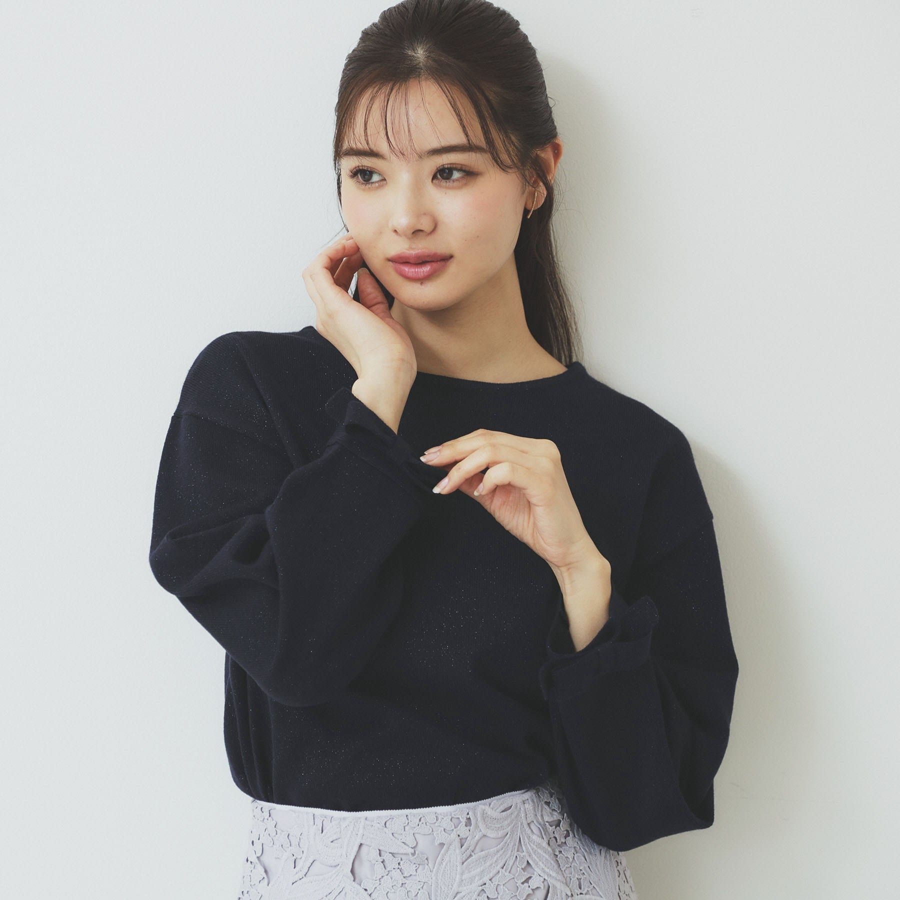 インデックス index ラメリボンスリーブ二ット【洗濯機可・アンチピリング】 （ネイビー(694)） ネイビー(694)