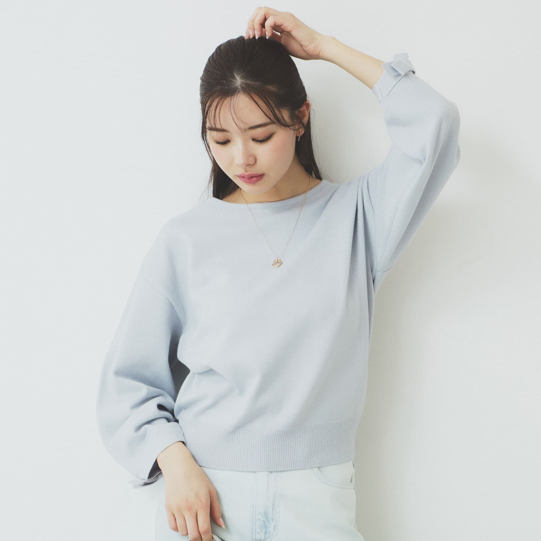 インデックス index ラメリボンスリーブ二ット【洗濯機可・アンチピリング】 （サックスブルー(690)） サックスブルー(690)