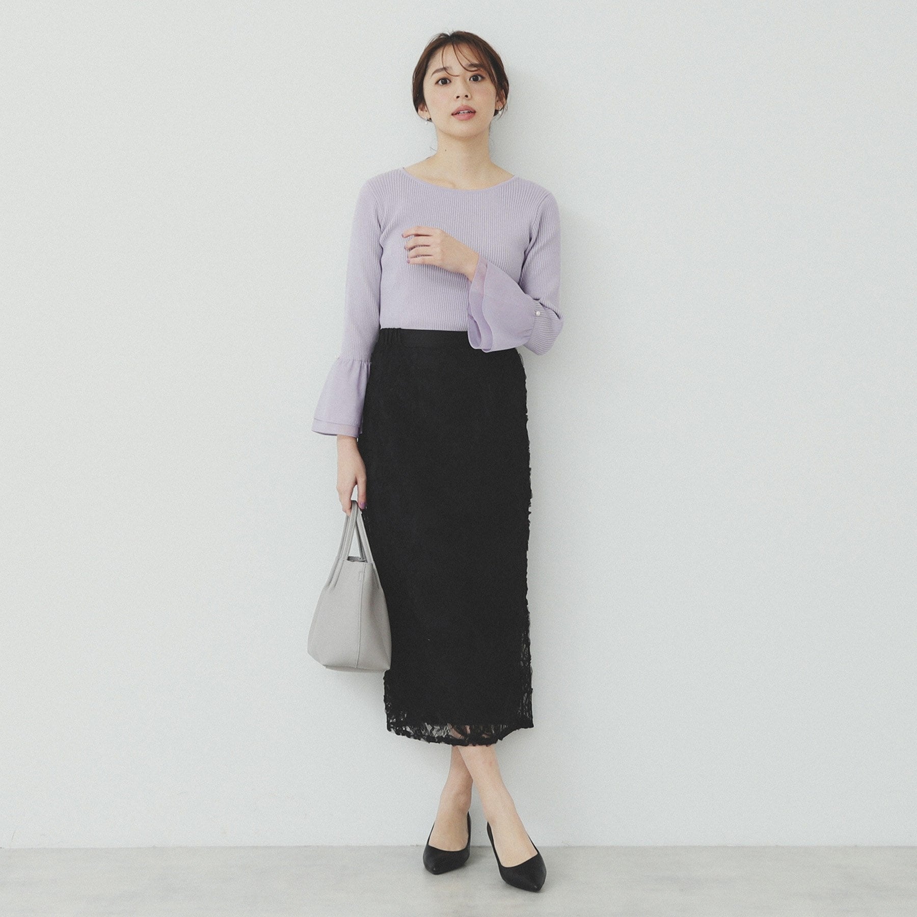 インデックス index リブオーガンフレアスリーブニット【洗濯機可】 （ブラック(019)） ブラック(019)