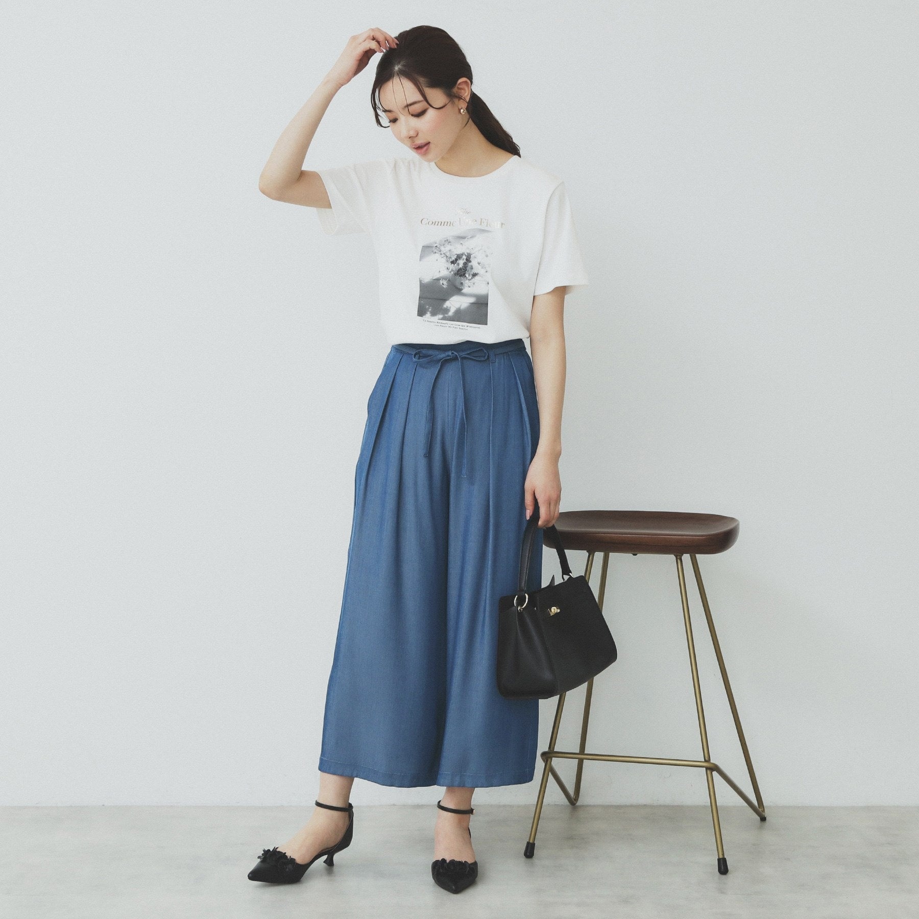 インデックス index シャンブレータックガウチョパンツ【洗濯機可・接触冷感】 （ネイビー(094)） ネイビー(094)
