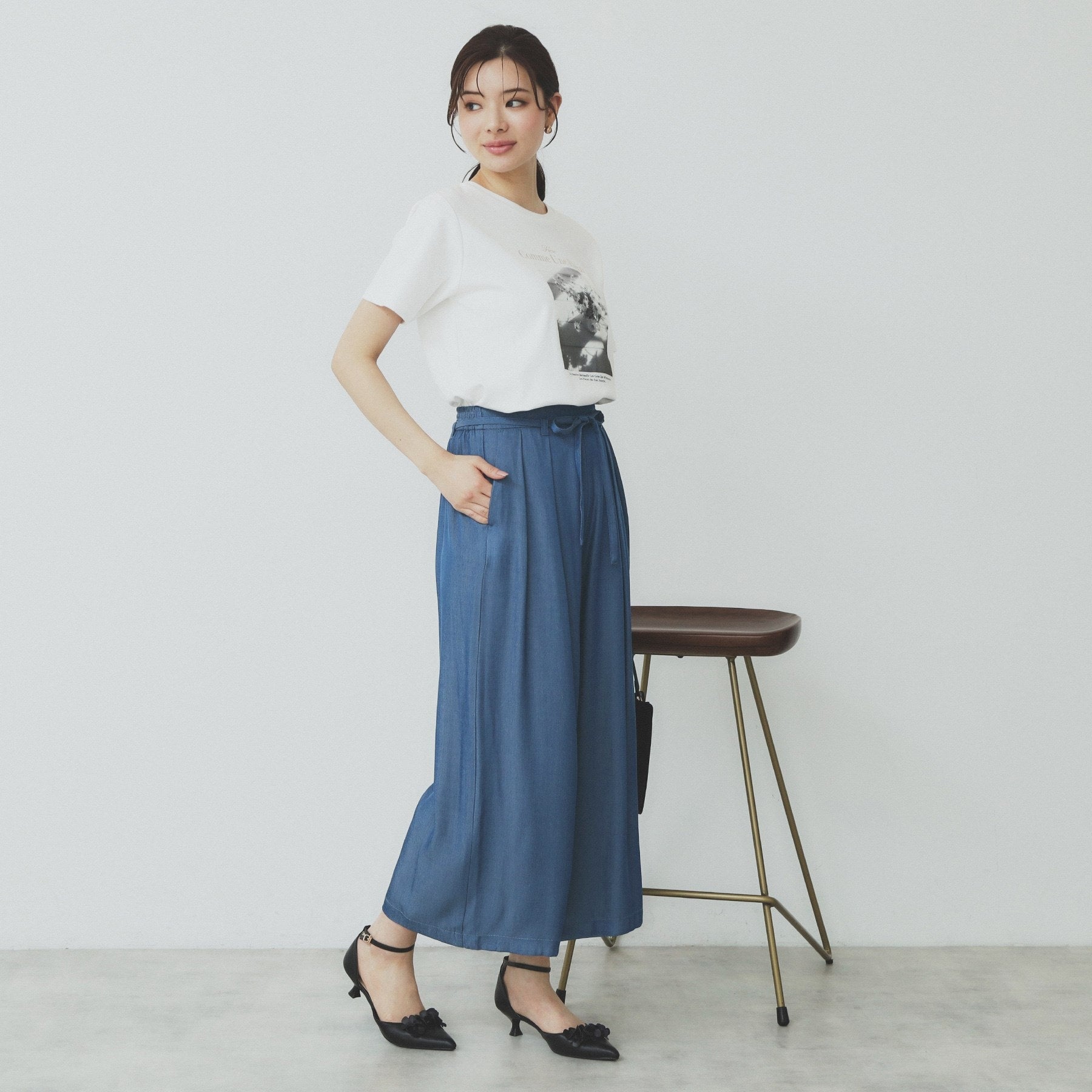 インデックス index シャンブレータックガウチョパンツ【洗濯機可・接触冷感】 （ネイビー(094)） ネイビー(094)