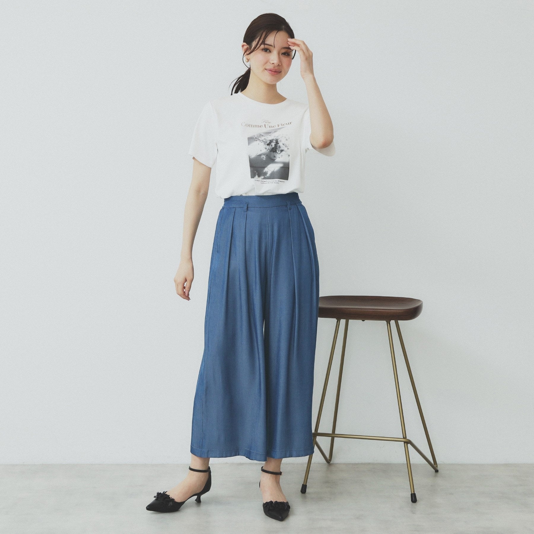 インデックス index シャンブレータックガウチョパンツ【洗濯機可・接触冷感】 （ネイビー(094)） ネイビー(094)