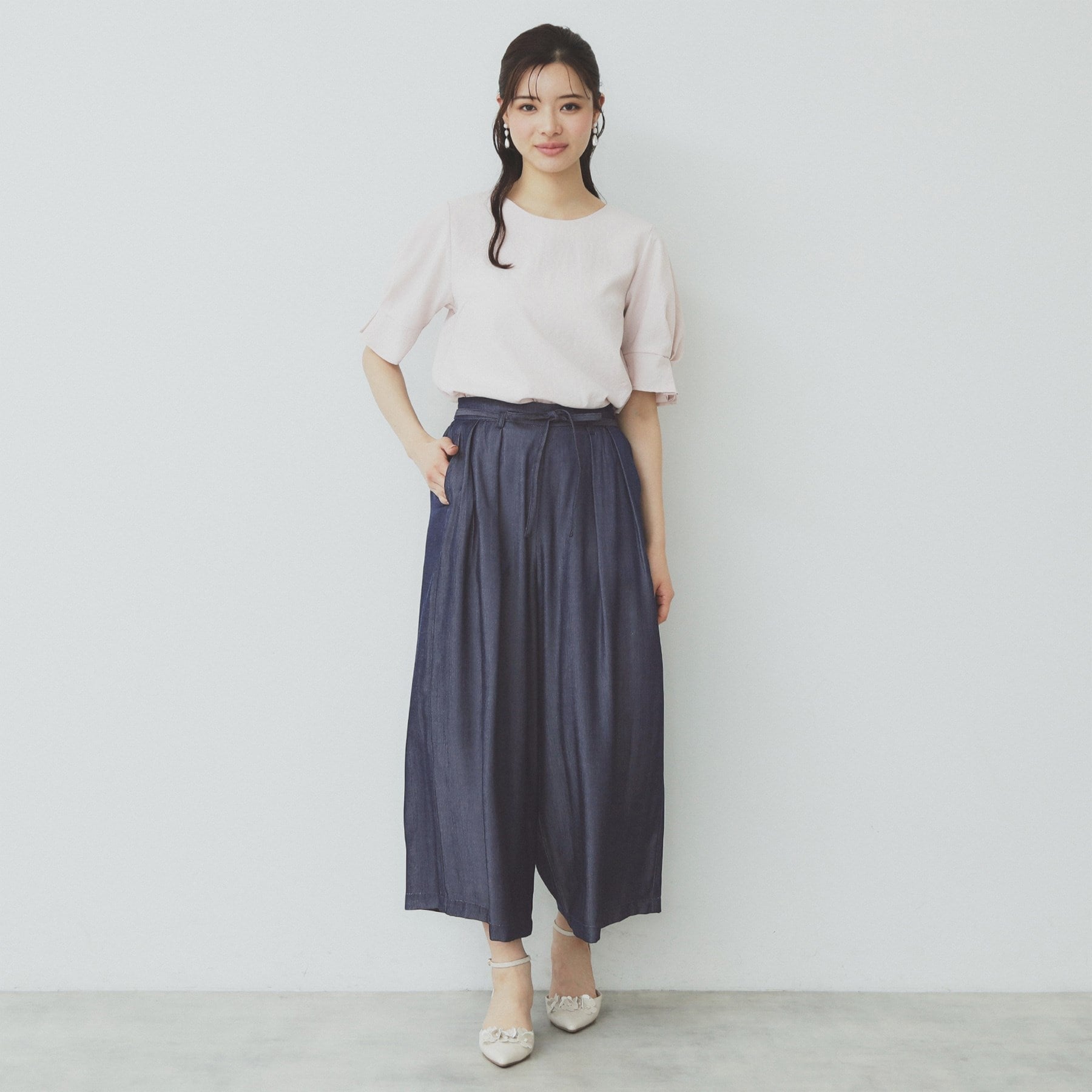 インデックス index シャンブレータックガウチョパンツ【洗濯機可・接触冷感】 （ネイビー(094)） ネイビー(094)