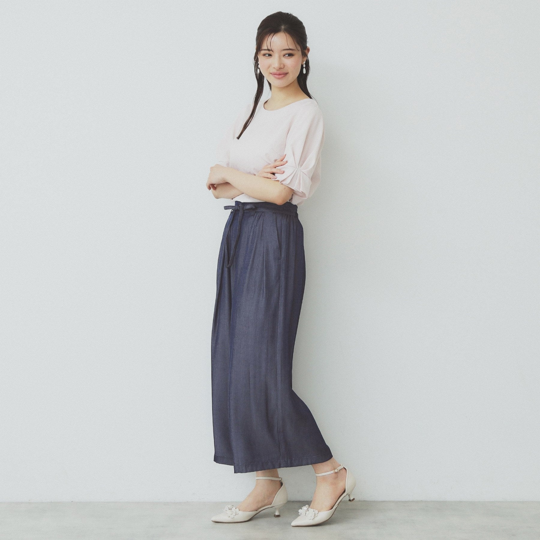 インデックス index シャンブレータックガウチョパンツ【洗濯機可・接触冷感】 （ネイビー(094)） ネイビー(094)