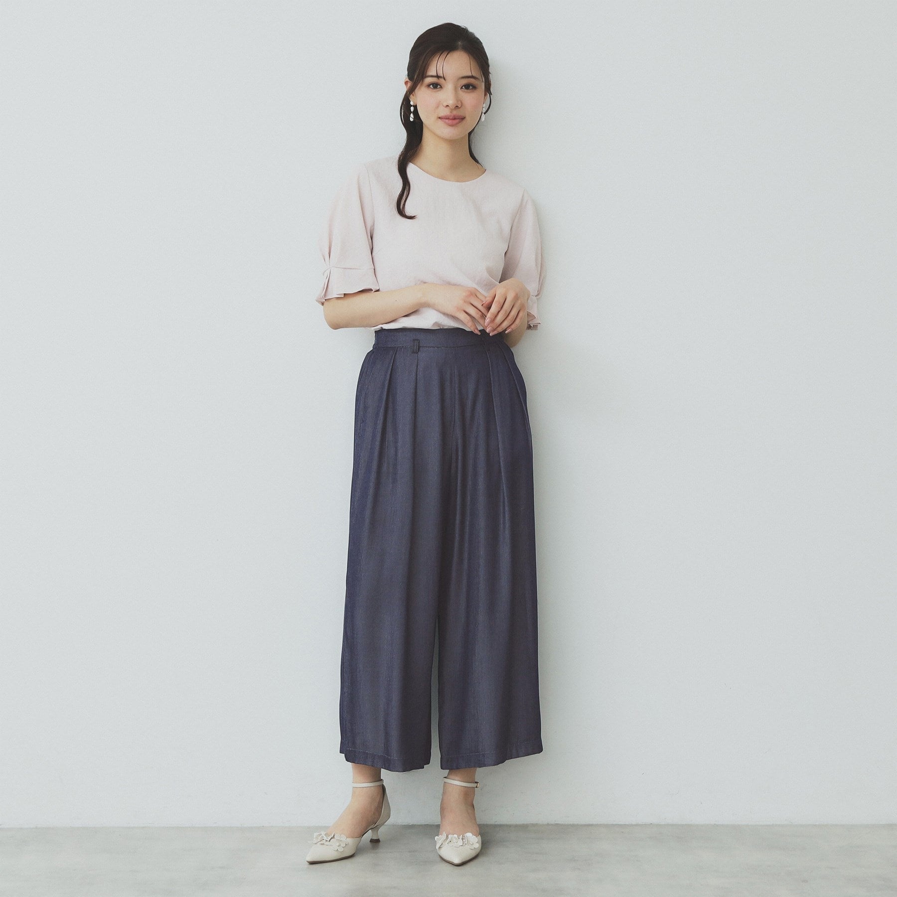 インデックス index シャンブレータックガウチョパンツ【洗濯機可・接触冷感】 （ネイビー(094)） ネイビー(094)