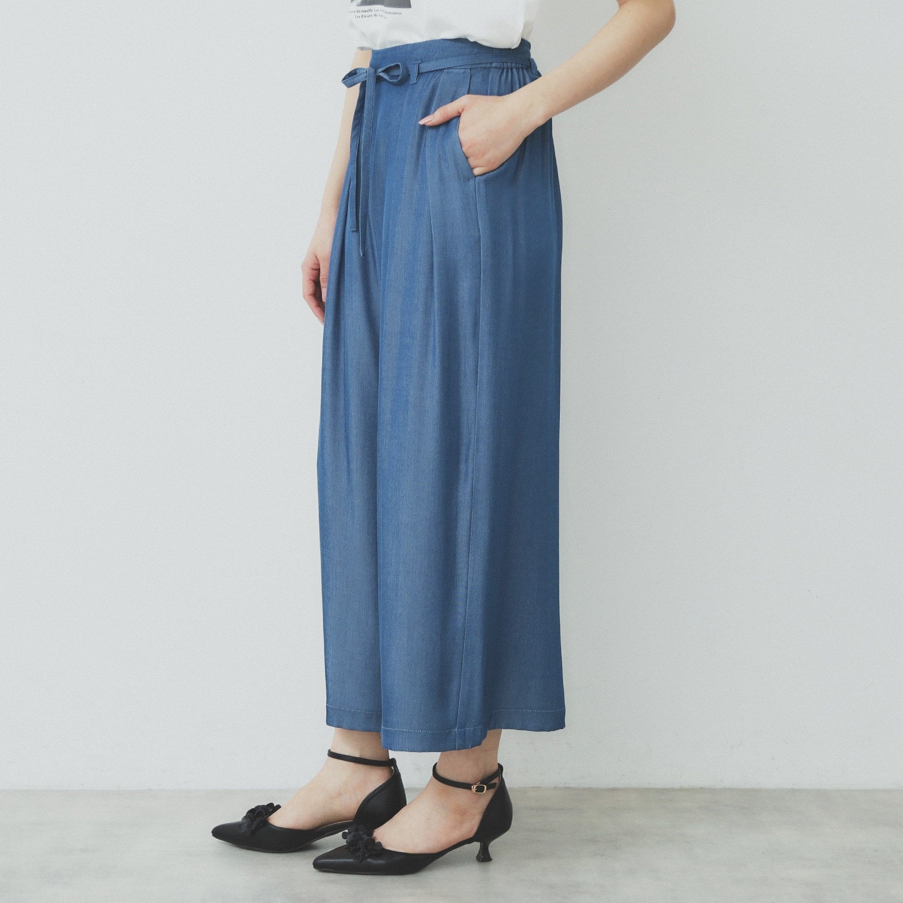 インデックス index シャンブレータックガウチョパンツ【洗濯機可・接触冷感】 （ネイビー(094)） ネイビー(094)