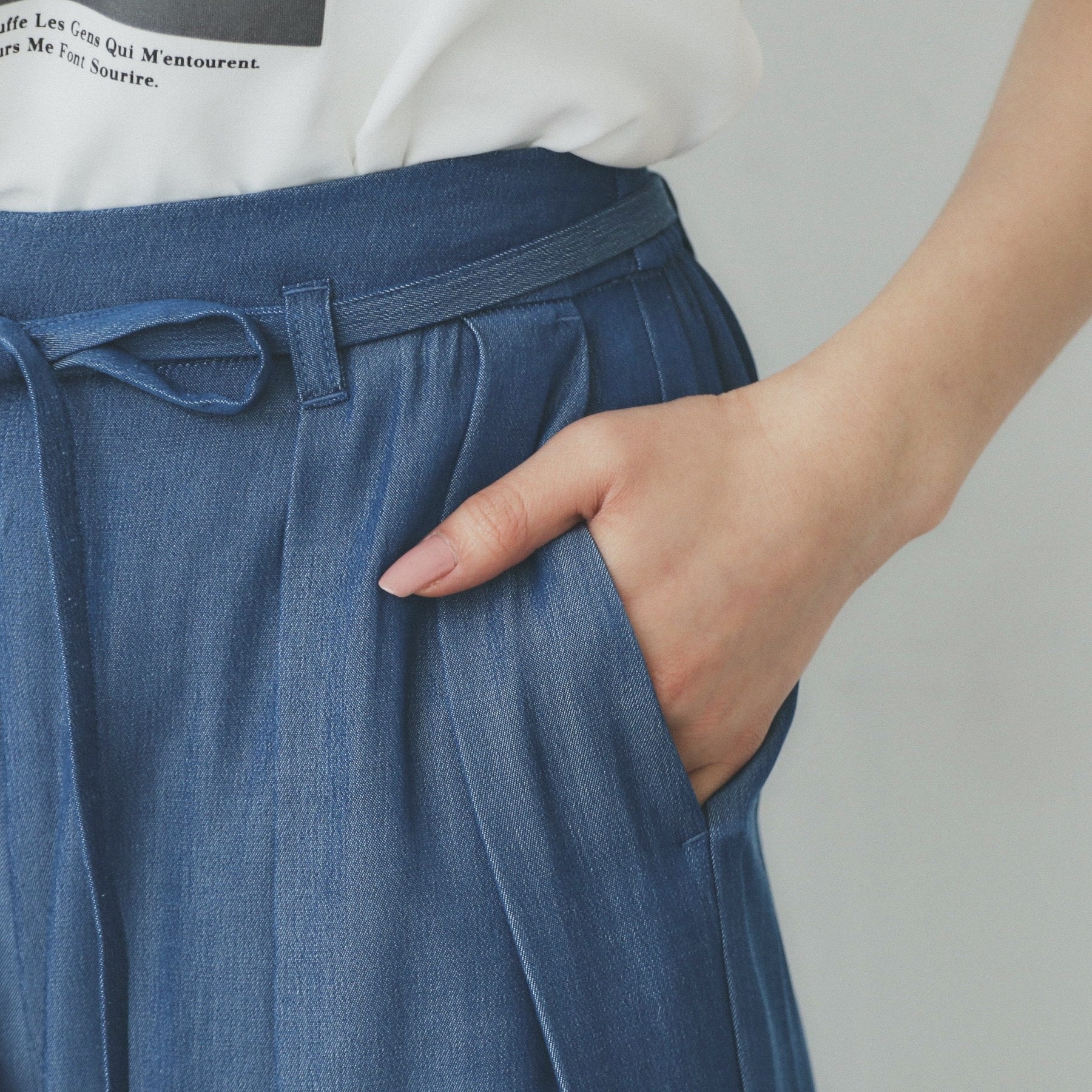 インデックス index シャンブレータックガウチョパンツ【洗濯機可・接触冷感】 （ネイビー(094)） ネイビー(094)