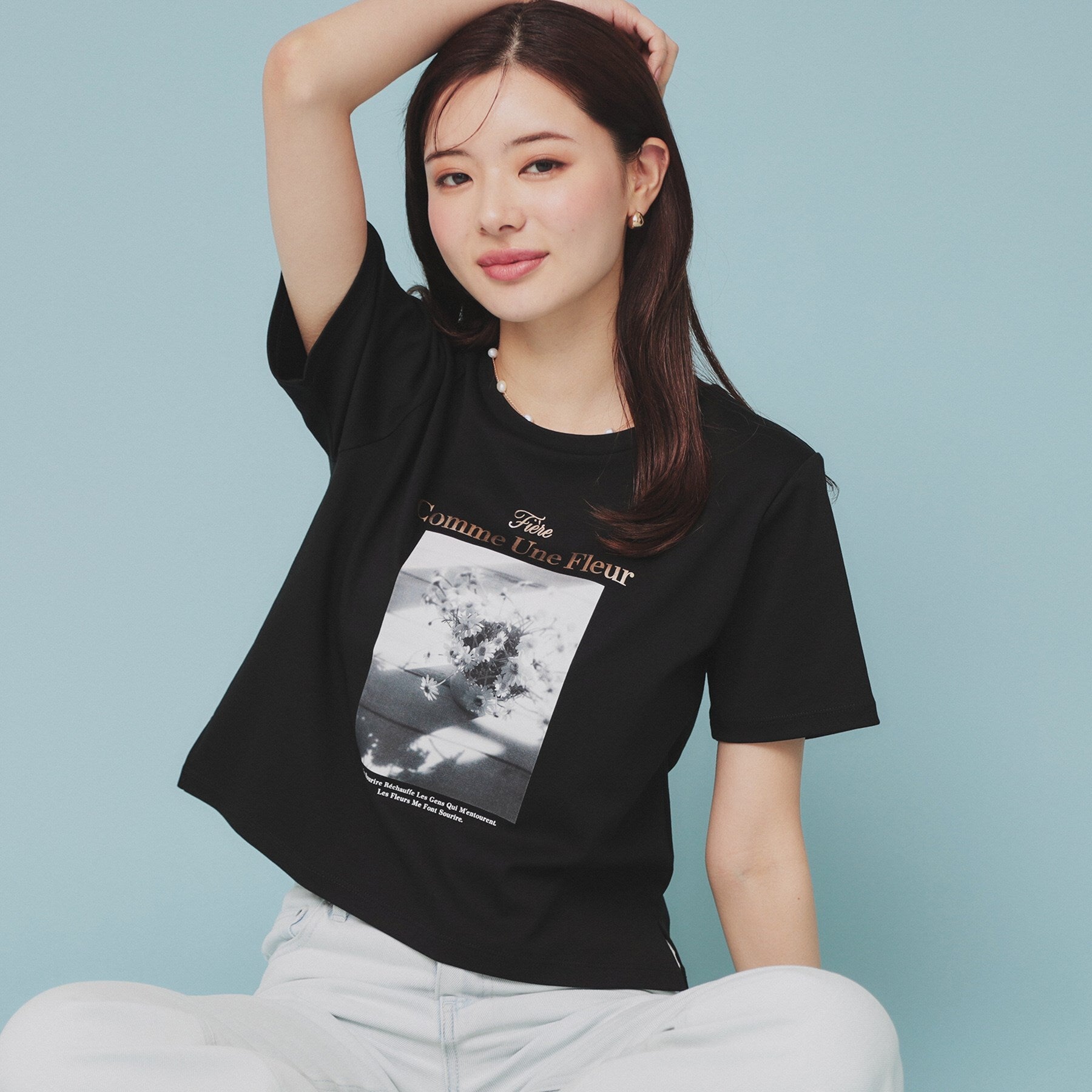 インデックス index 転写箔プリントショート丈Tシャツ【洗濯機可・接触冷感・UVケア】 （ブラック(019)） ブラック(019)