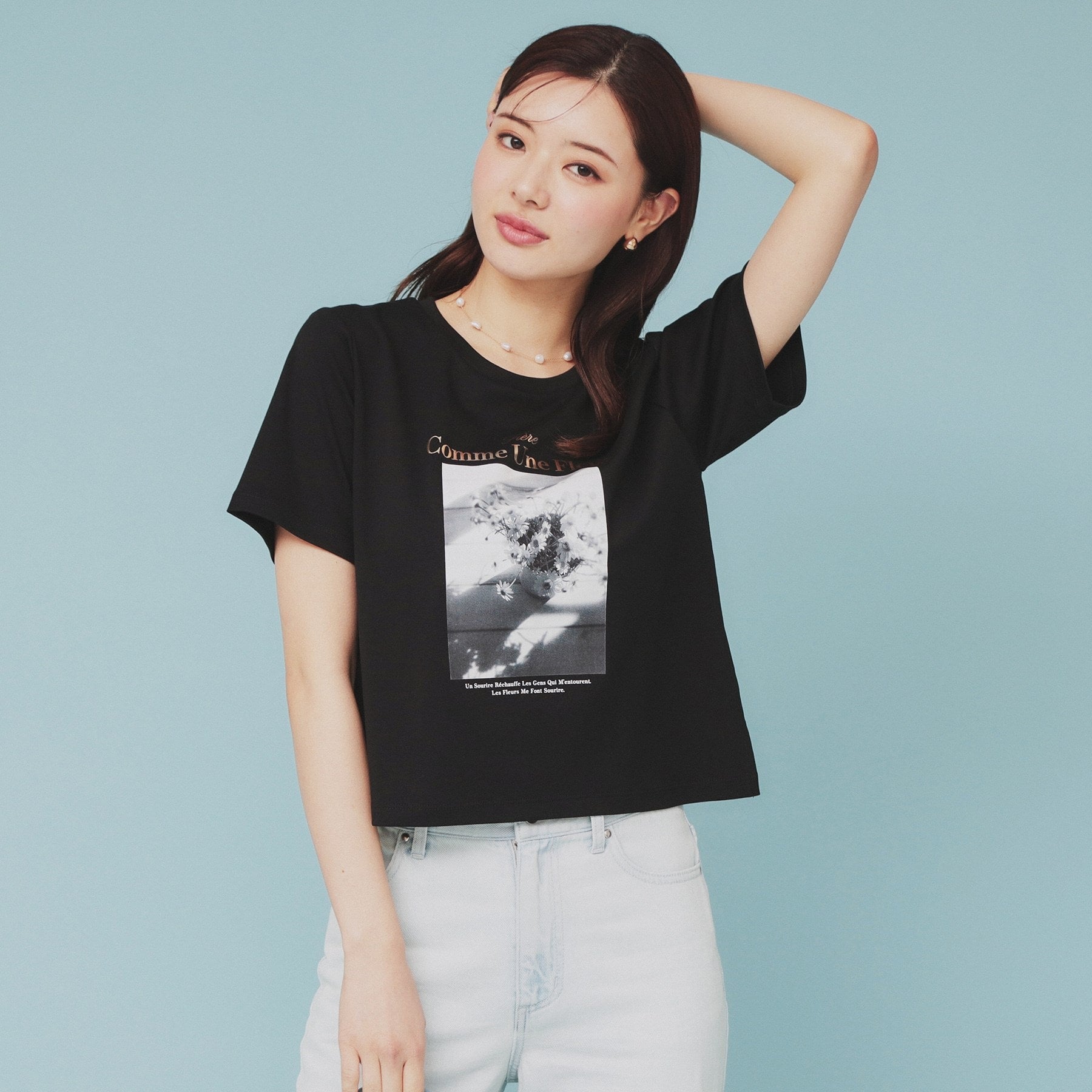 インデックス index 転写箔プリントショート丈Tシャツ【洗濯機可・接触冷感・UVケア】 （ブラック(019)） ブラック(019)