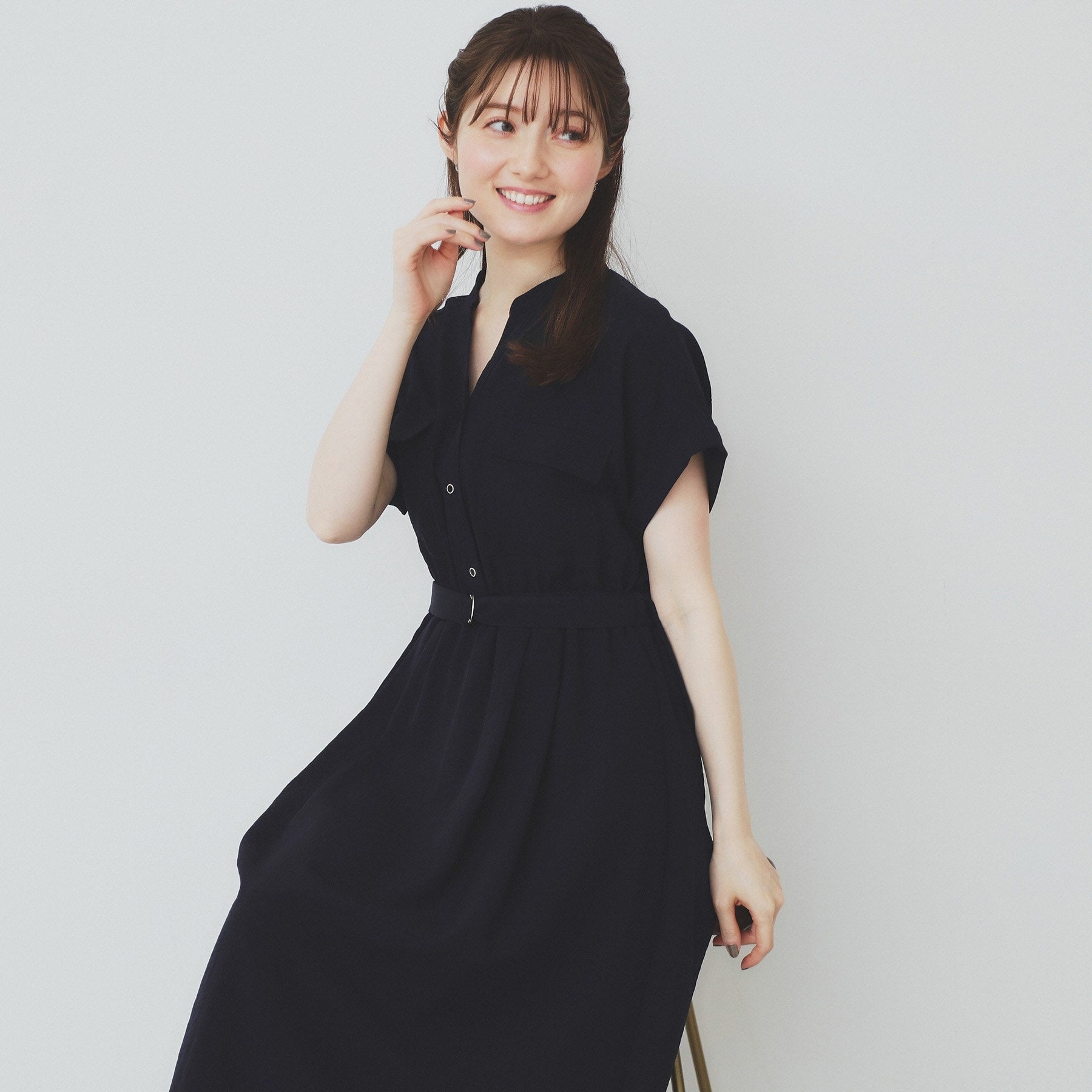 インデックス index 《6color/XS-LLsize》ダブルポケットスキッパーシャツワンピース【洗濯機洗い可/抗ピル/吸水速乾/防シワ】 （ネイビー(094)） ネイビー(094)
