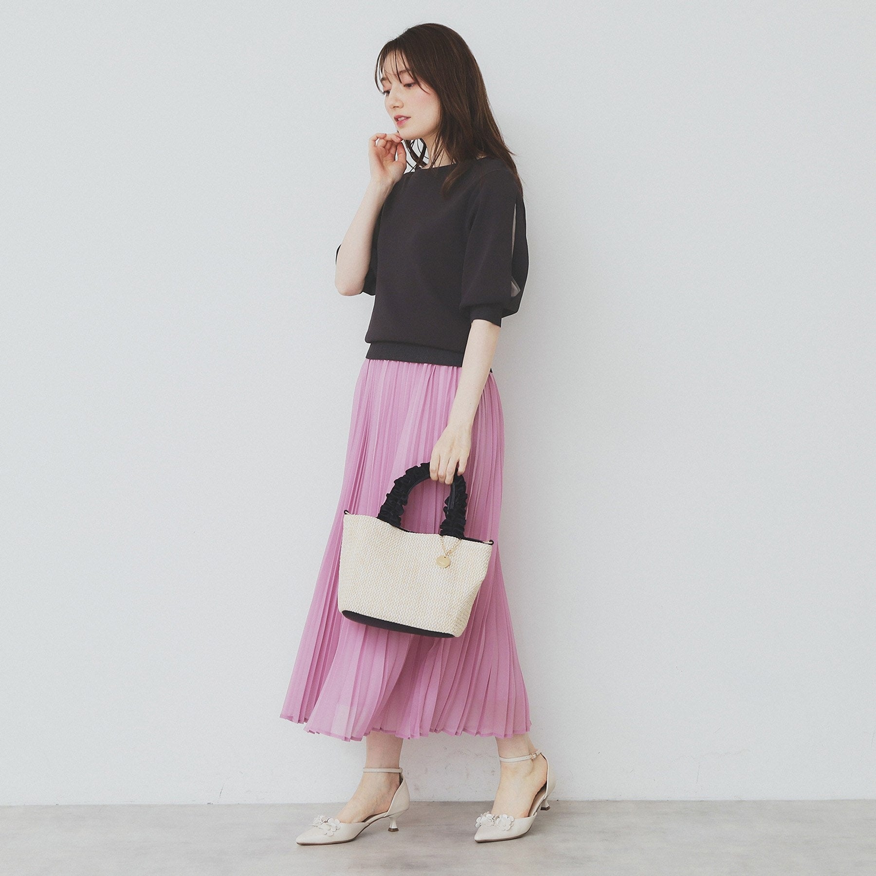 インデックス index 《6color/XS-LLsize》ドライタッチ デザインスリーブニット【洗濯機洗い可/接触冷感/抗ピル】 （ブラウン(044)） ブラウン(044)