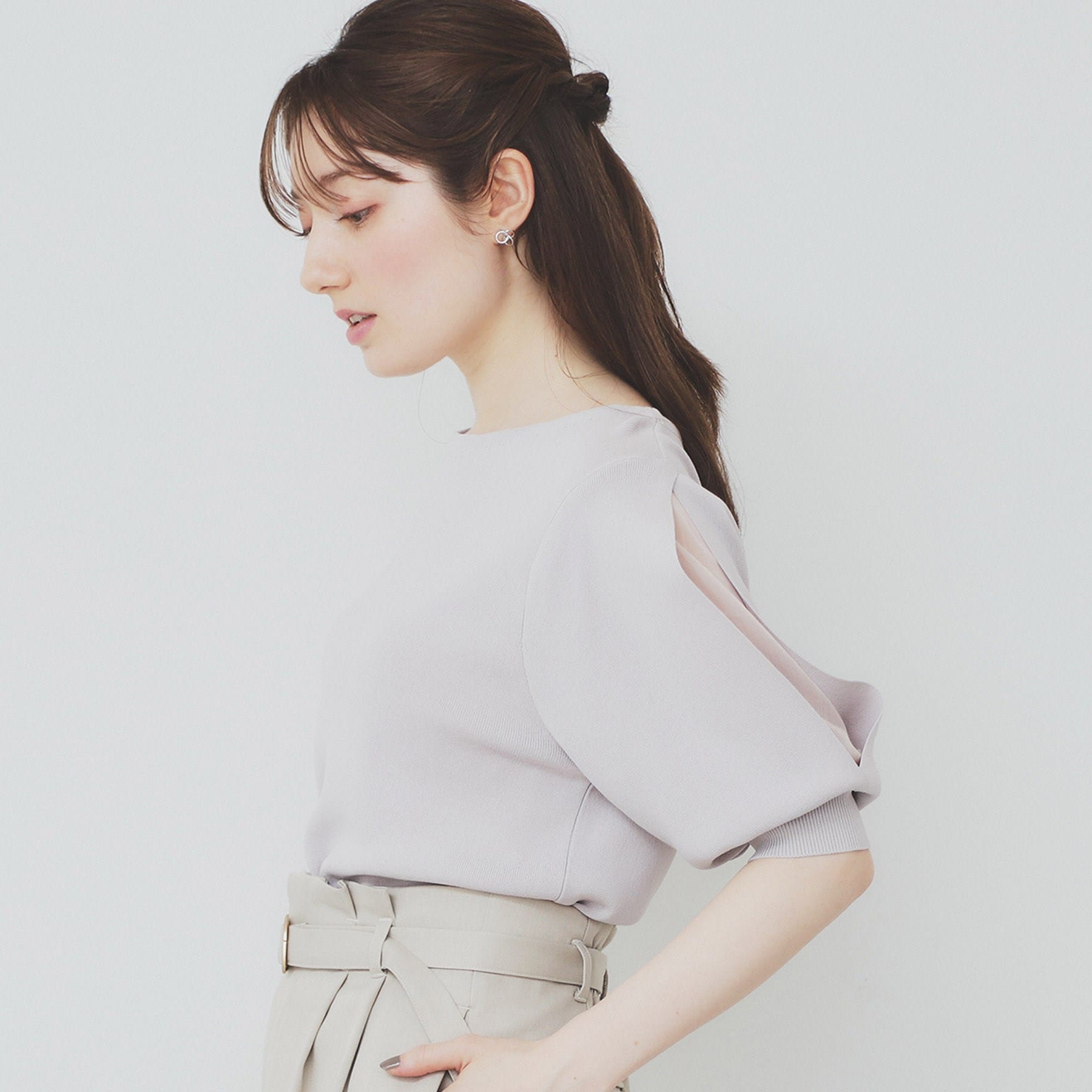 インデックス index 《6color/XS-LLsize》ドライタッチ デザインスリーブニット【洗濯機洗い可/接触冷感/抗ピル】 （ブラウン(044)） ブラウン(044)