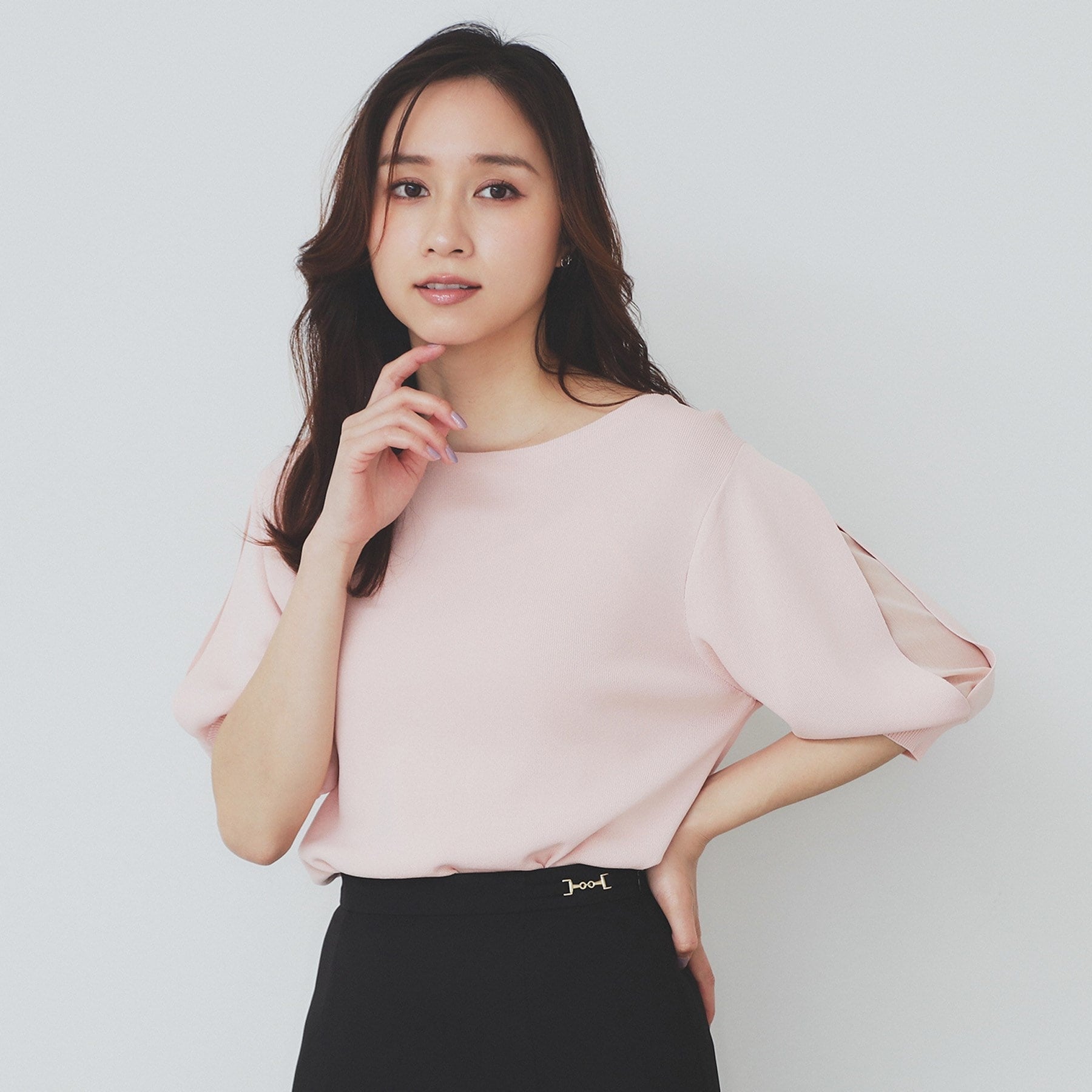 インデックス index 《6color/XS-LLsize》ドライタッチ デザインスリーブニット【洗濯機洗い可/接触冷感/抗ピル】 （ブラウン(044)） ブラウン(044)