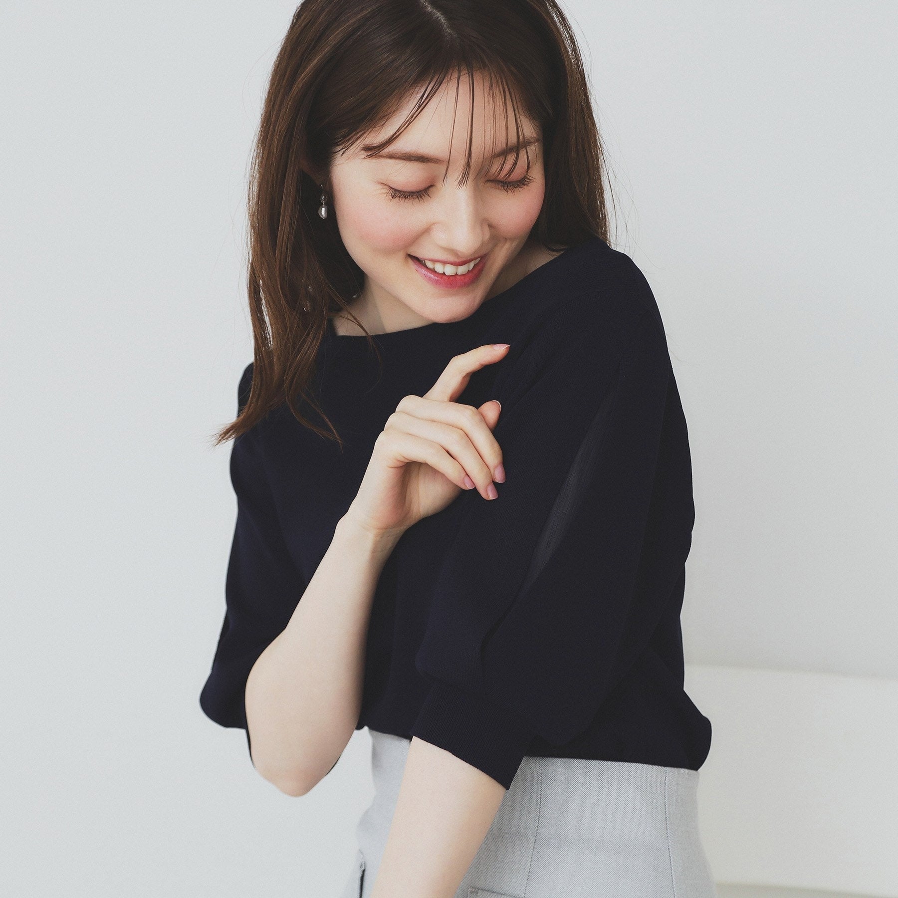 インデックス index 《6color/XS-LLsize》ドライタッチ デザインスリーブニット【洗濯機洗い可/接触冷感/抗ピル】 （ネイビー(094)） ネイビー(094)