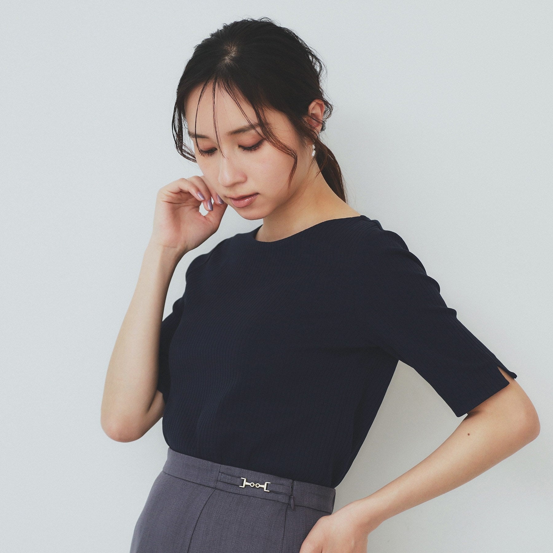 インデックス index 《7color/XS-LLsize》ボートネックリブトップス【UV/洗濯機洗い可】 （ネイビー(094)） ネイビー(094)