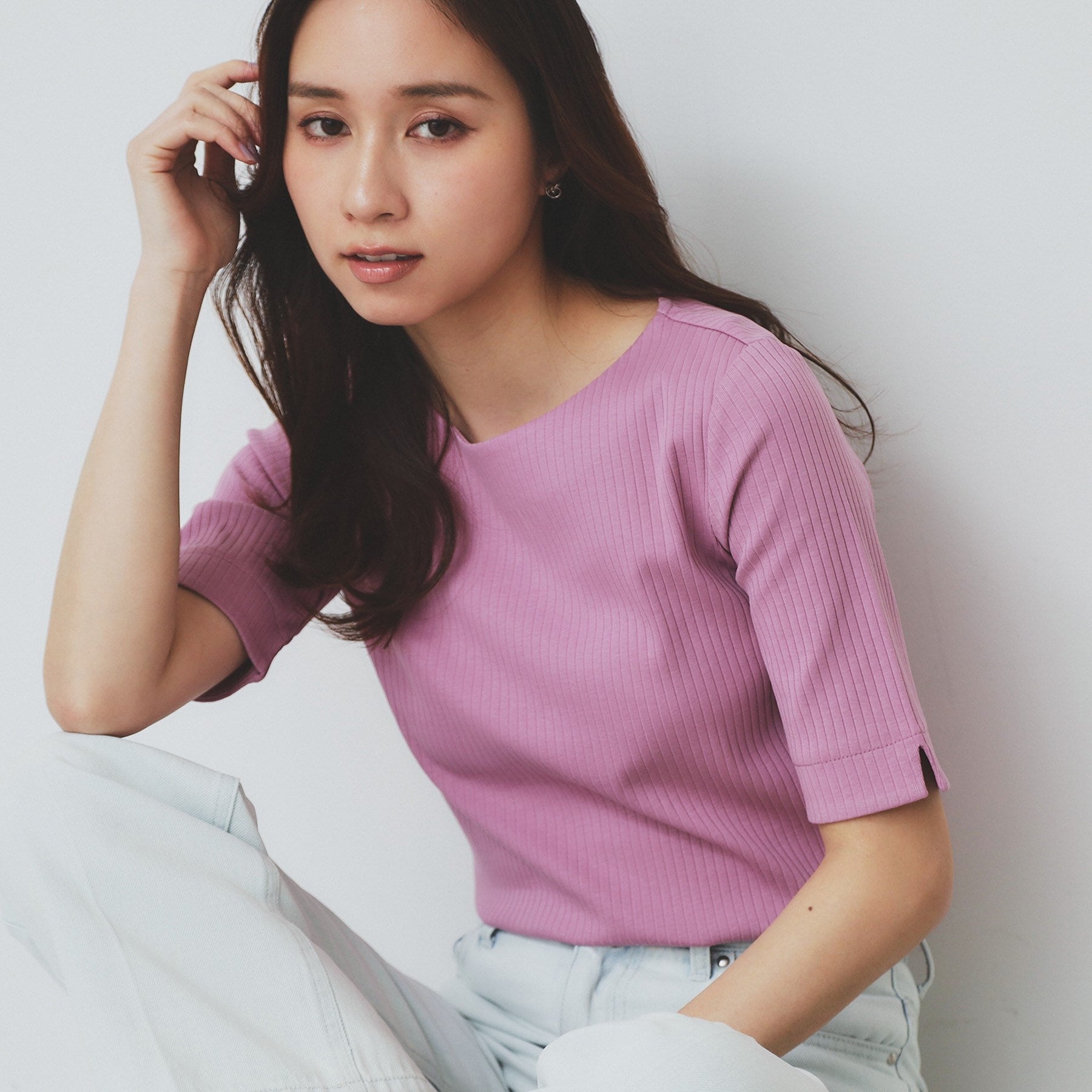 インデックス index 《7color/XS-LLsize》ボートネックリブトップス【UV/洗濯機洗い可】 （ピンク(072)） ピンク(072)