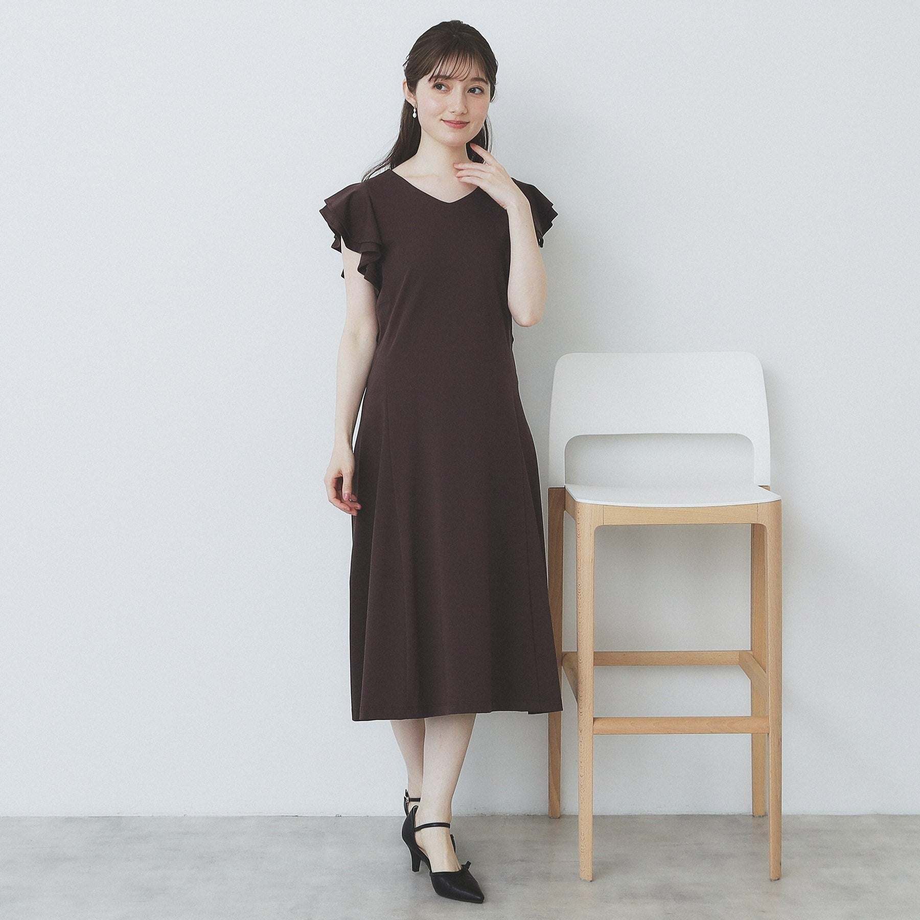 インデックス index シルケットVネックダブルフレアワンピース【洗濯機可・接触冷感・UVケア】 （ブラウン(044)） ブラウン(044)