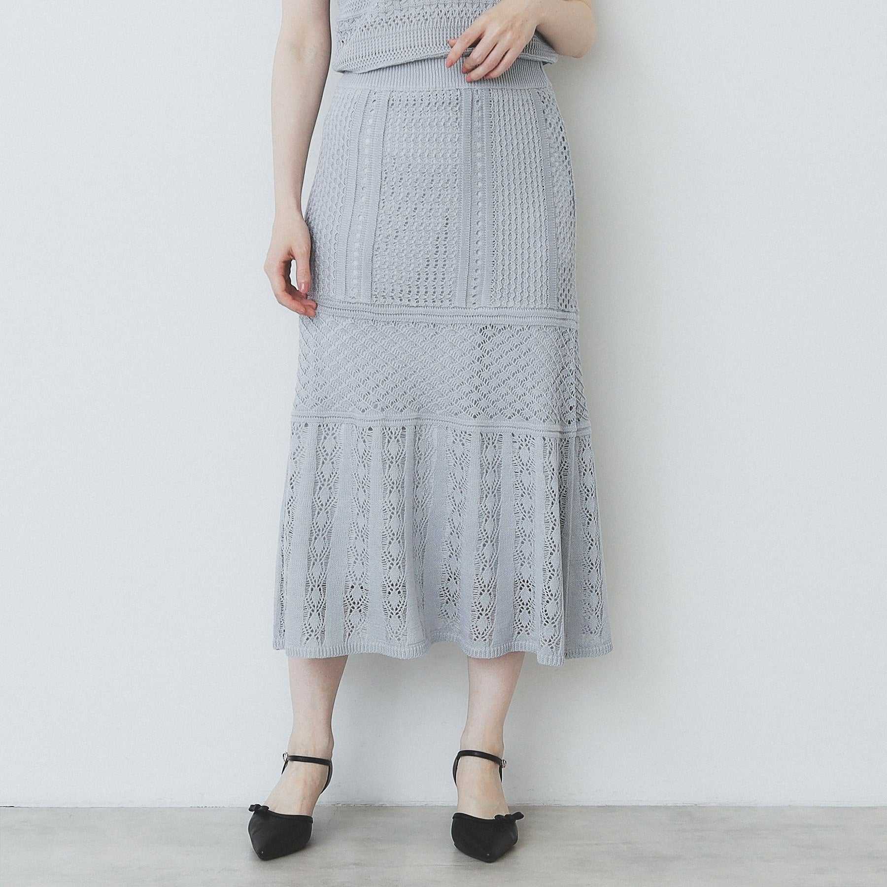 インデックス index 透かし編みフレアニットスカート【洗濯機可】 （サックスブルー(090)） サックスブルー(090)