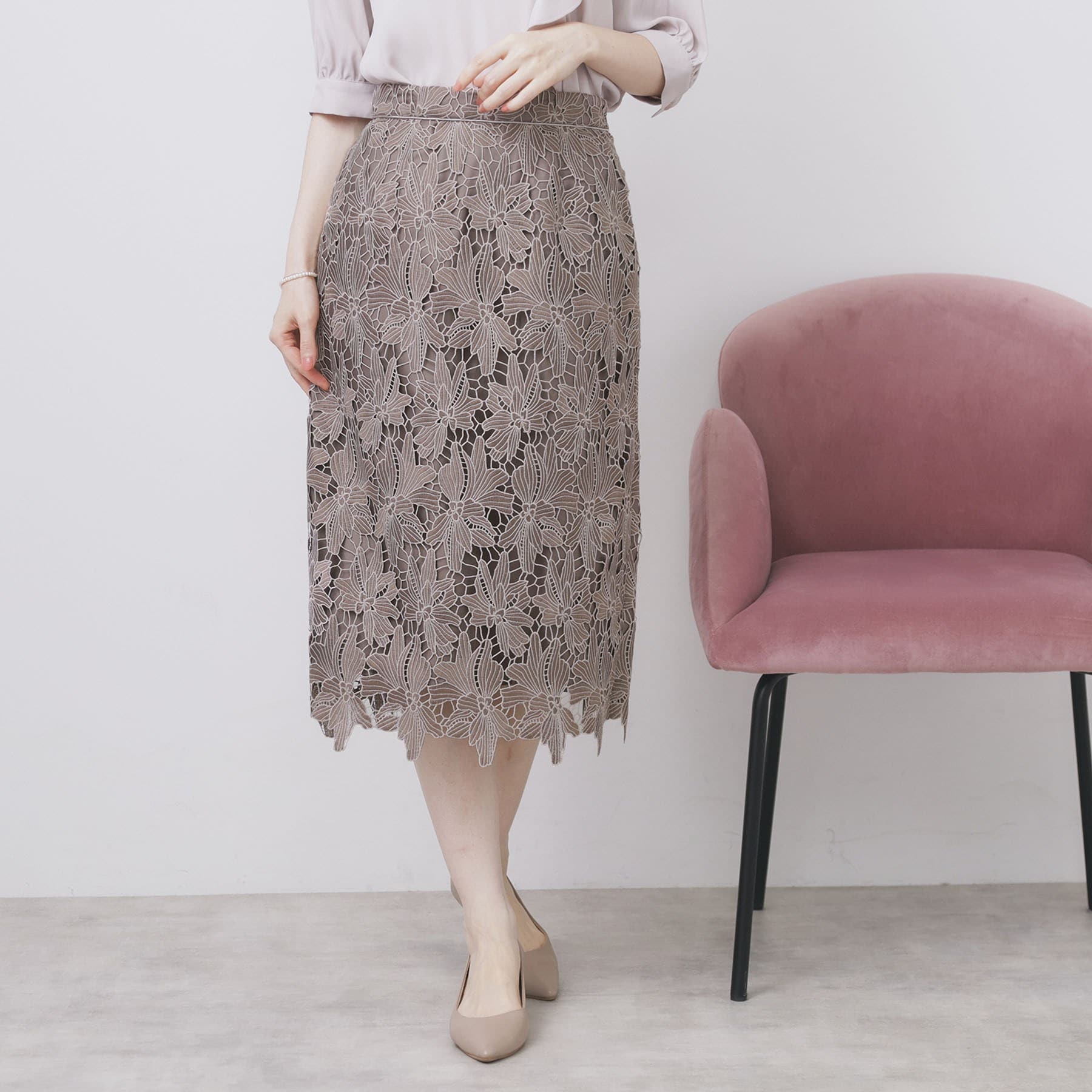 インデックス index 《S-3Lサイズ》バイカラーレースタイトスカート【洗濯機洗い可】 （モカブラウン(042)） モカブラウン(042)