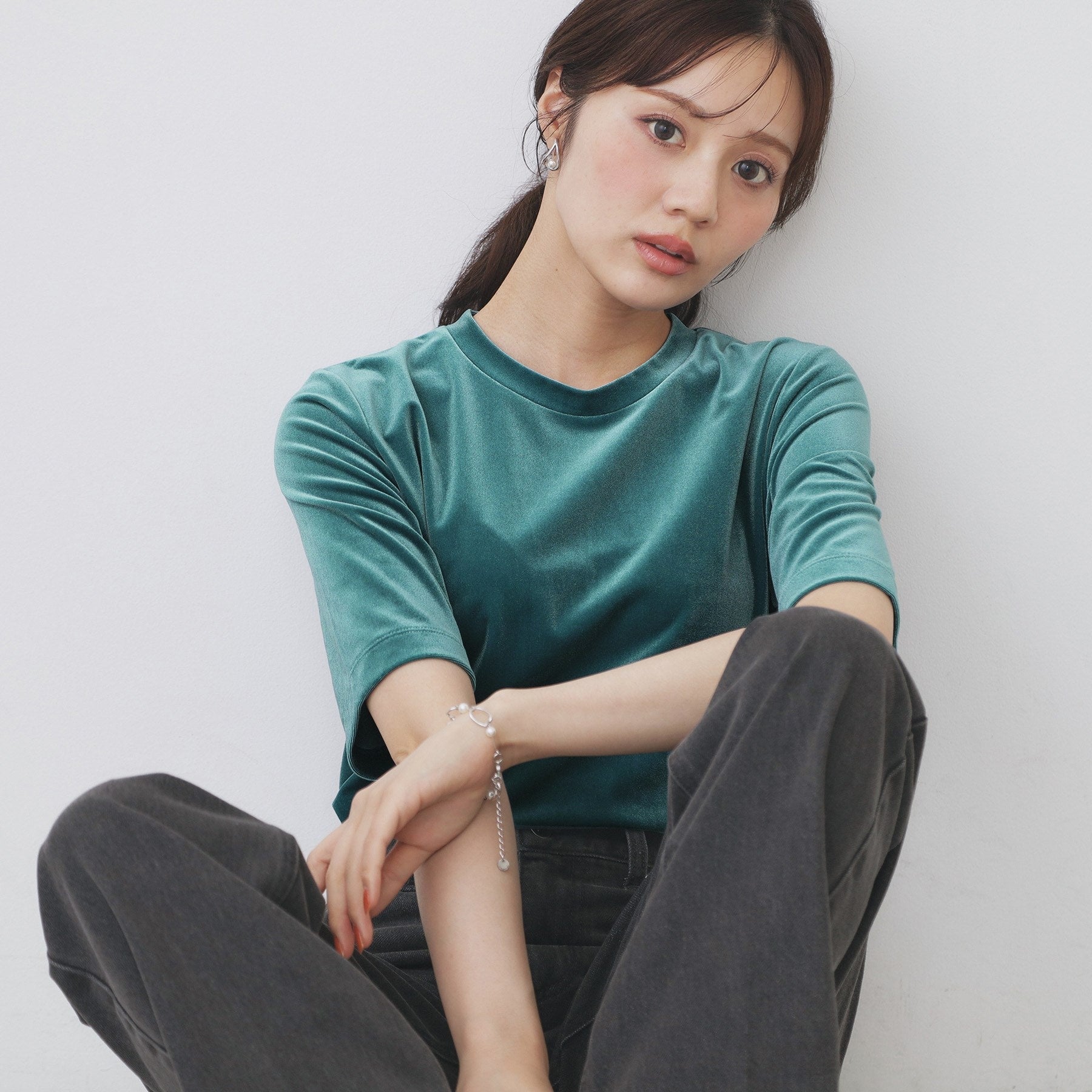 インデックス index ベロアボクシーTシャツ【洗濯機可】 （グリーン(023)） グリーン(023)
