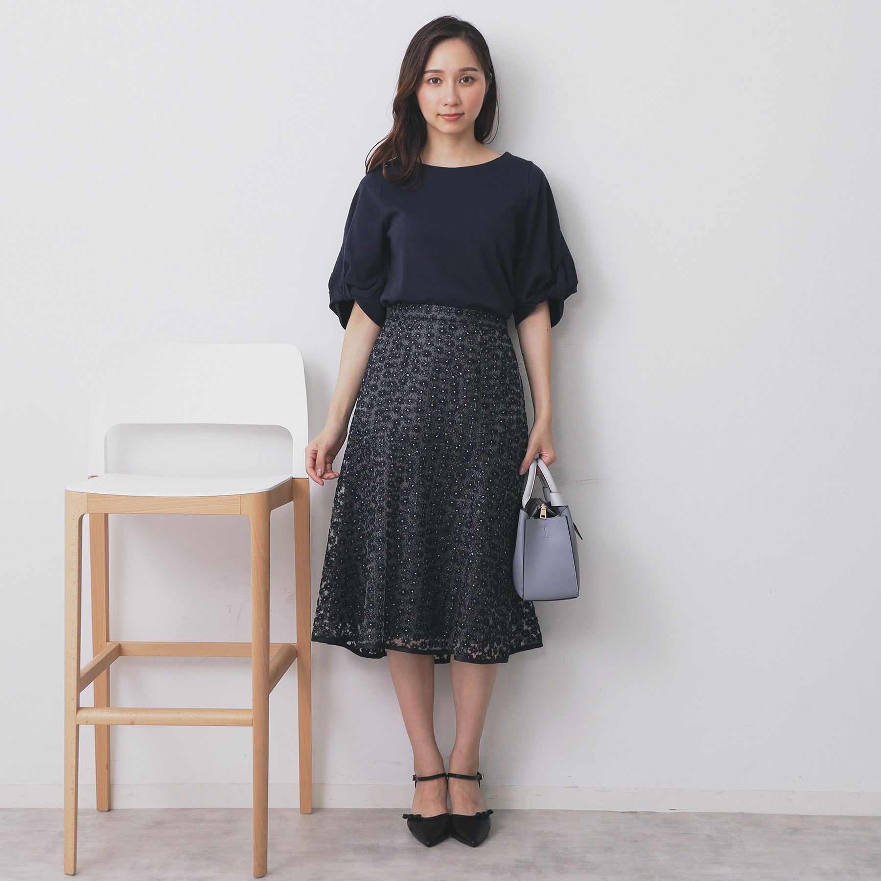 インデックス index チュール小花刺繍切り替えマーメイドスカート【洗濯機可・抗ピル】 （チャコールグレー(013)） チャコールグレー(013)