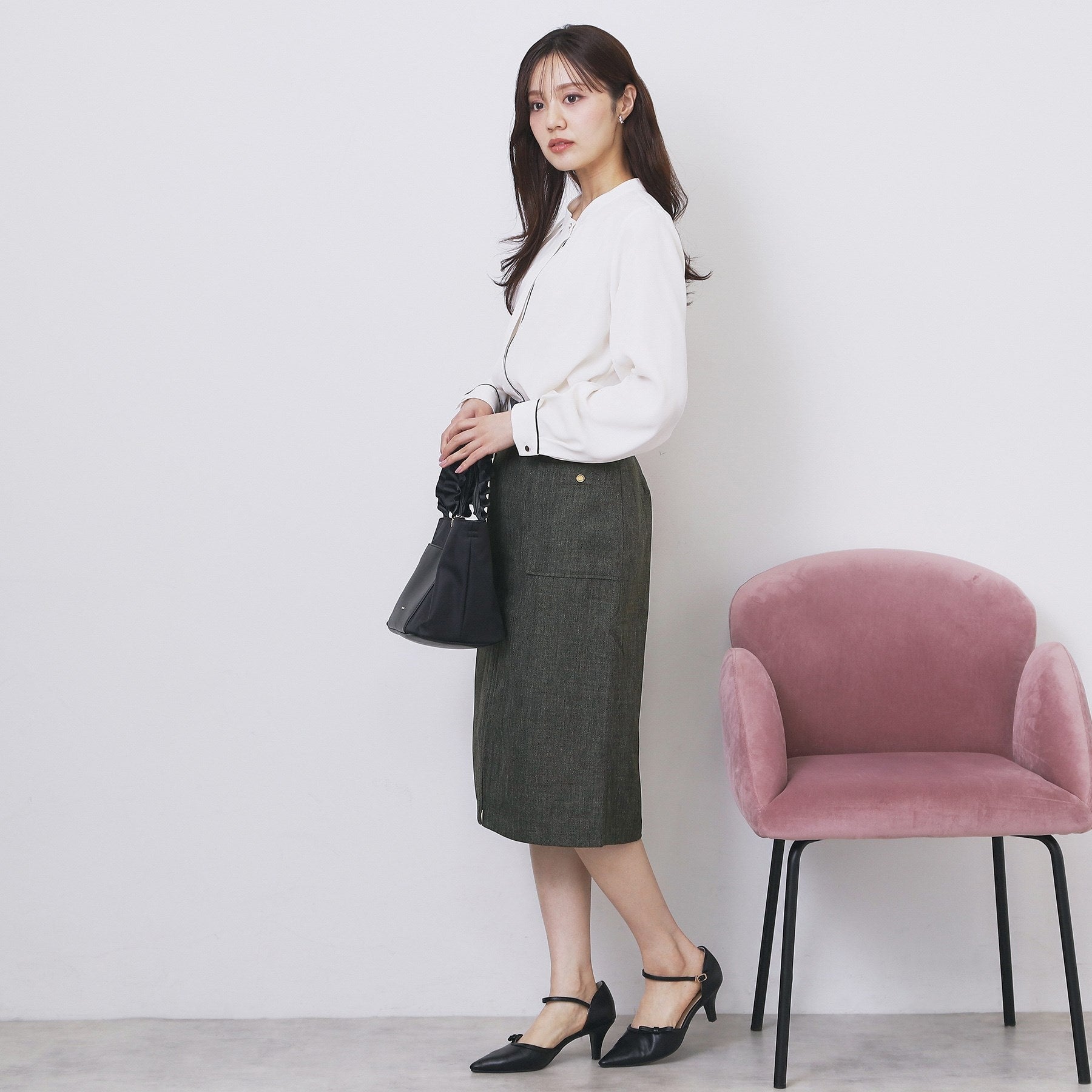 インデックス index ツイード調フロントジップタイトスカート【洗濯機可・防シワ】 （チャコールグレー(014)） チャコールグレー(014)