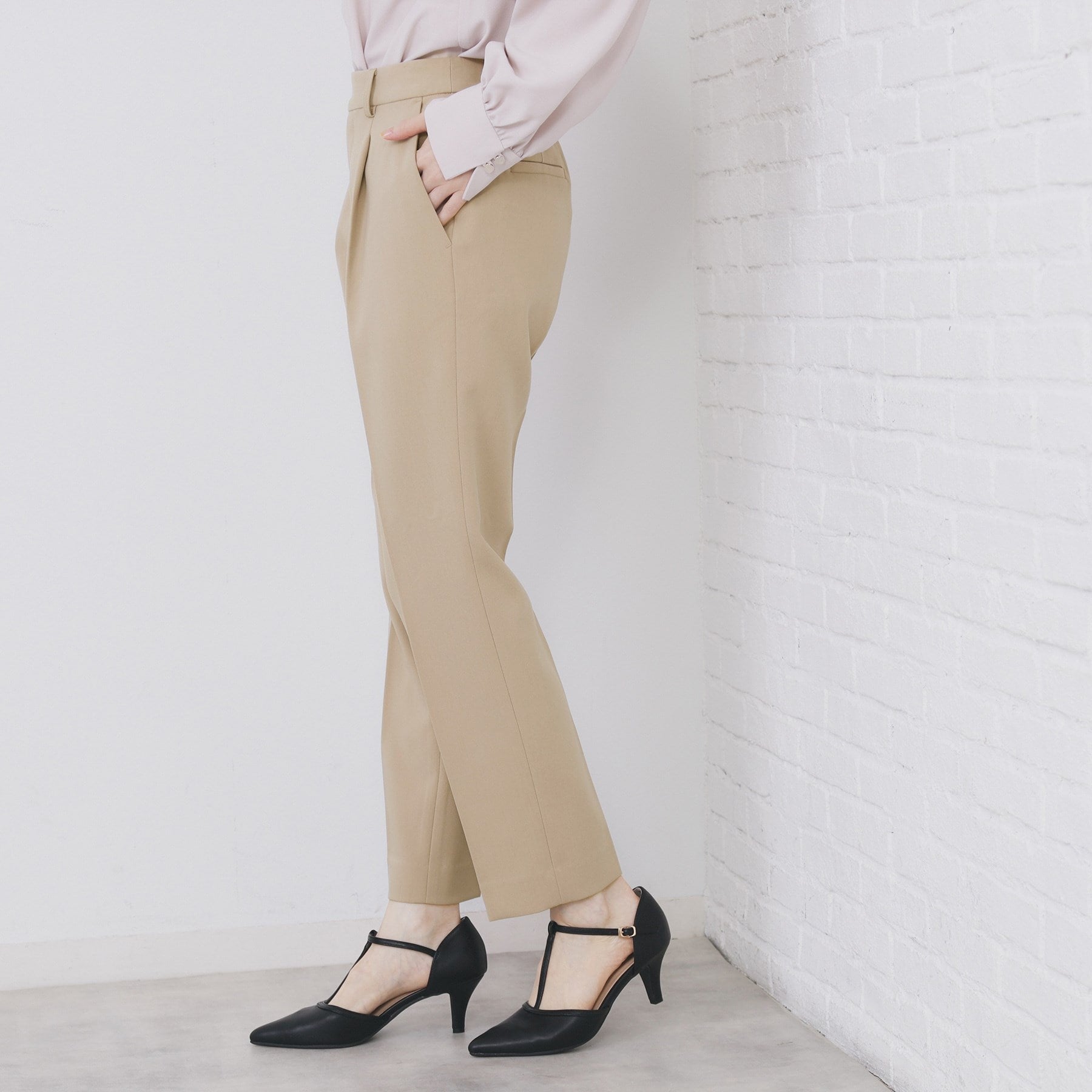 インデックス index セットアップ対応 選べる丈 ストレッチダブルクロステーパードパンツ【洗濯機可・防シワ・ストレッチ】 （ライトベージュ(051)） ライトベージュ(051)