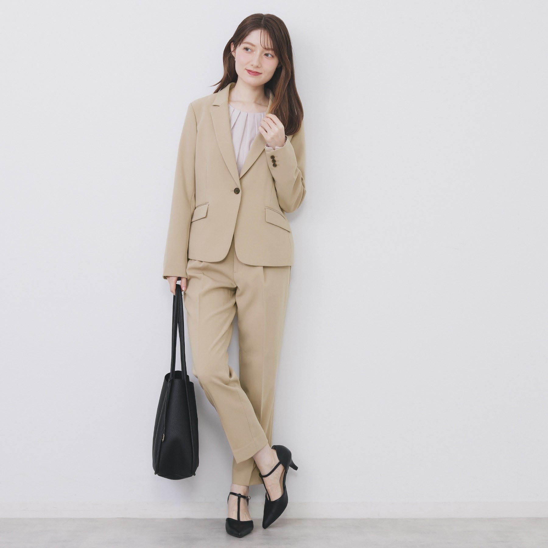 インデックス index セットアップ対応 選べる丈 ストレッチダブルクロステーパードパンツ【洗濯機可・防シワ・ストレッチ】 （ライトベージュ(051)） ライトベージュ(051)