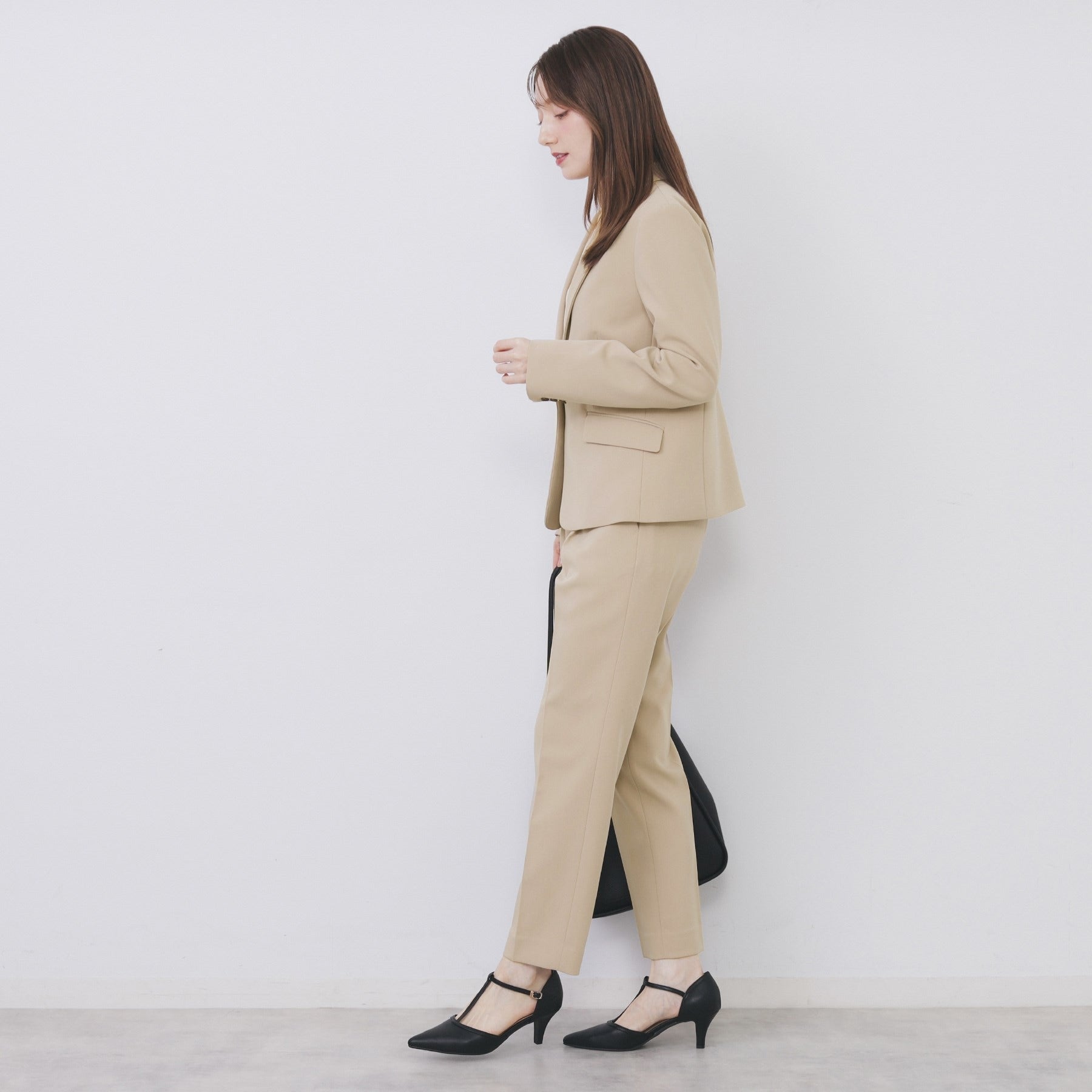 インデックス index セットアップ対応 選べる丈 ストレッチダブルクロステーパードパンツ【洗濯機可・防シワ・ストレッチ】 （ライトベージュ(051)） ライトベージュ(051)