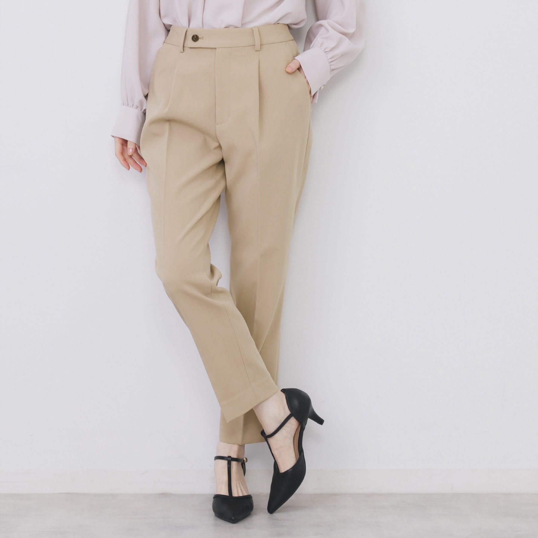 インデックス index セットアップ対応 選べる丈 ストレッチダブルクロステーパードパンツ【洗濯機可・防シワ・ストレッチ】 （ライトベージュ(051)） ライトベージュ(051)