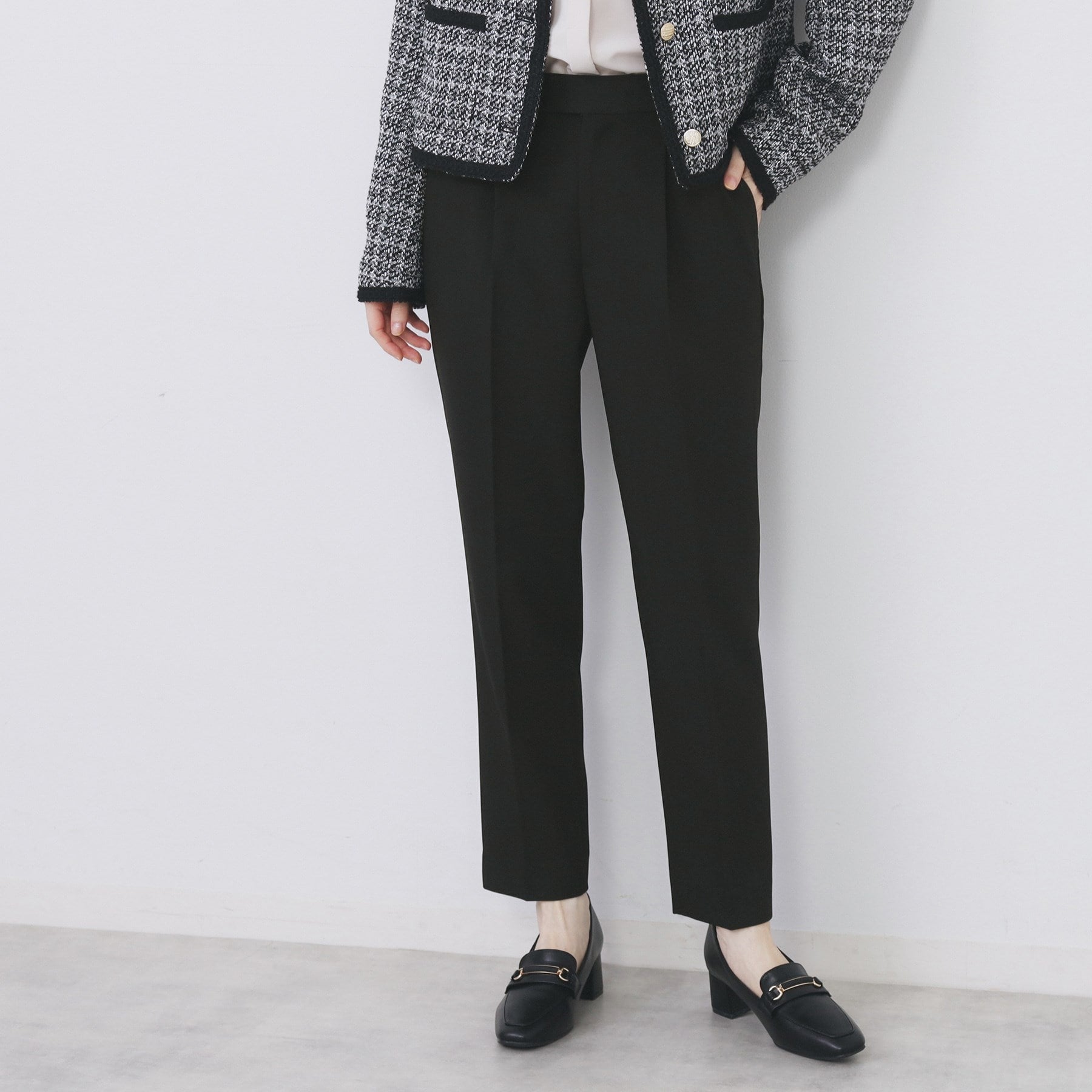 インデックス index セットアップ対応 選べる丈 ストレッチダブルクロステーパードパンツ【洗濯機可・防シワ・ストレッチ】 （ブラック(019)） ブラック(019)