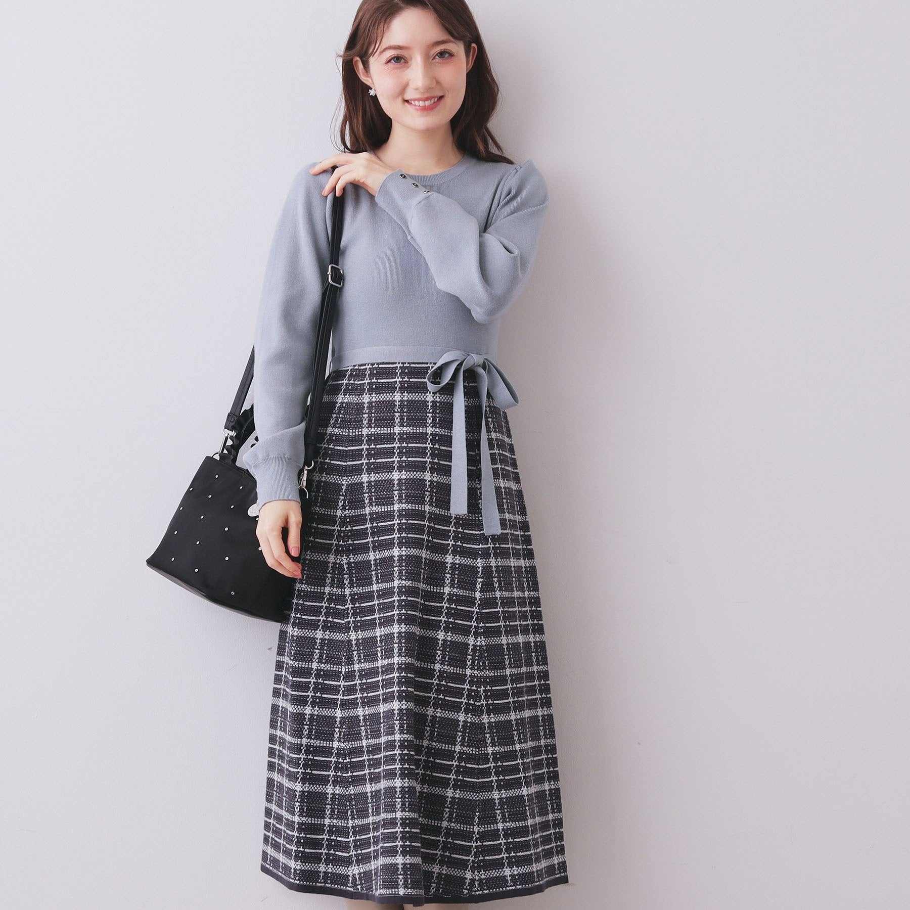 インデックス index チェックラメジャカードニットワンピース （ブルー(591)） ブルー(591)