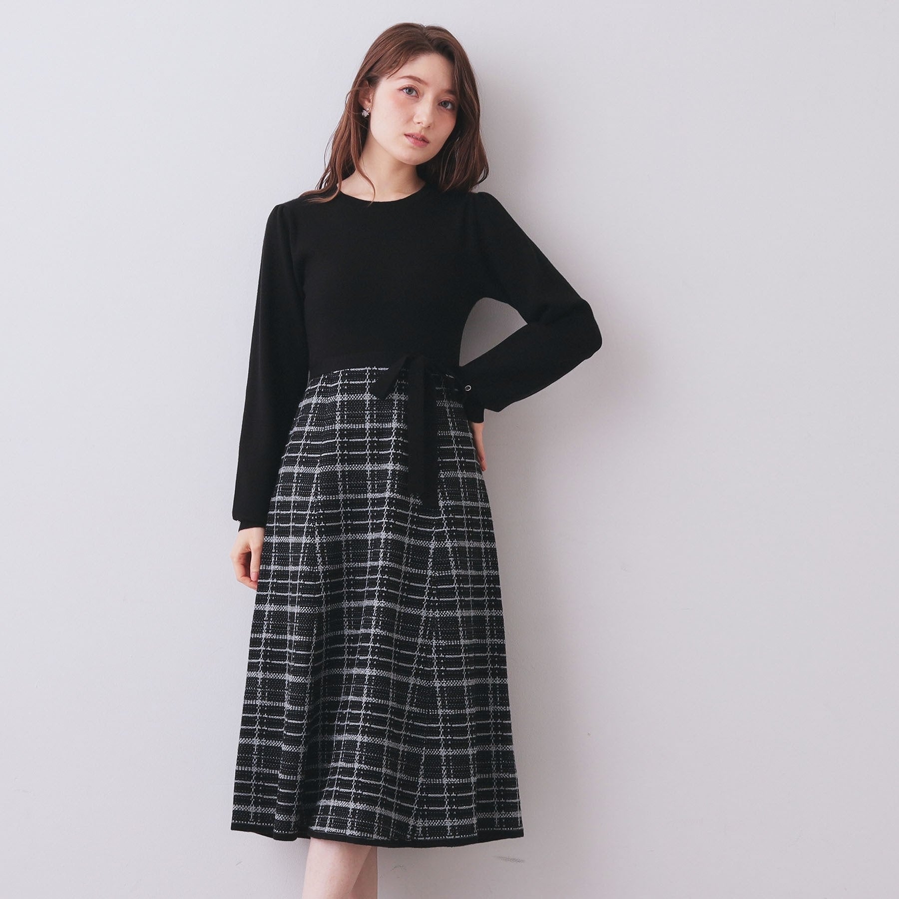 インデックス index チェックラメジャカードニットワンピース （ブラック(519)） ブラック(519)