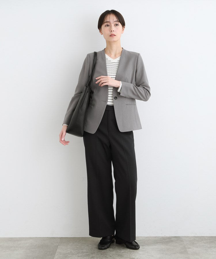 インディヴィ INDIVI 【定番スーツ／UVケア／接触冷感/洗える】ウール調ノーカラージャケット （ブラック(019)） ブラック(019)