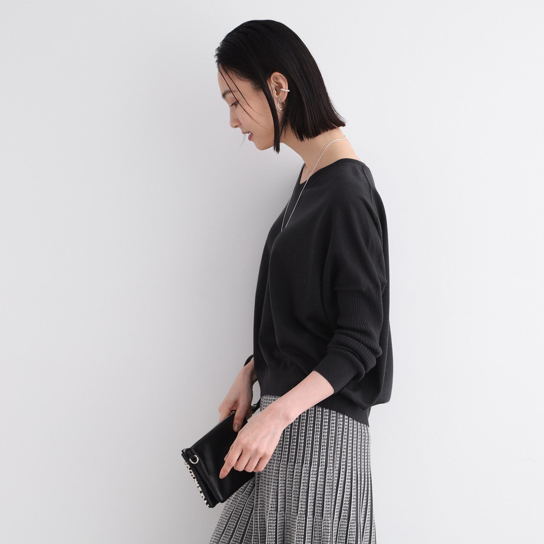 インディヴィ INDIVI 【ウール混】リブスリーブコンパクトニット