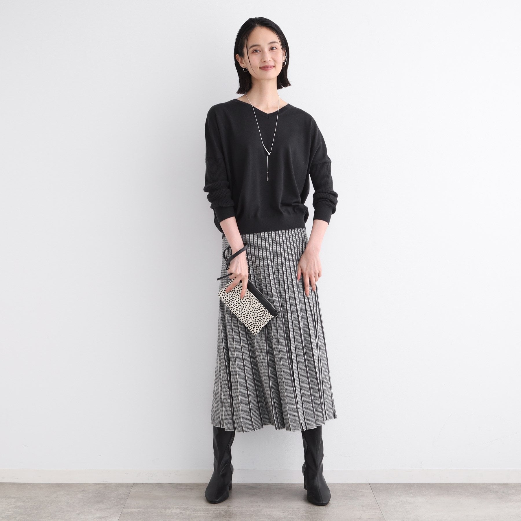 インディヴィ INDIVI 【ウール混】リブスリーブコンパクトニット