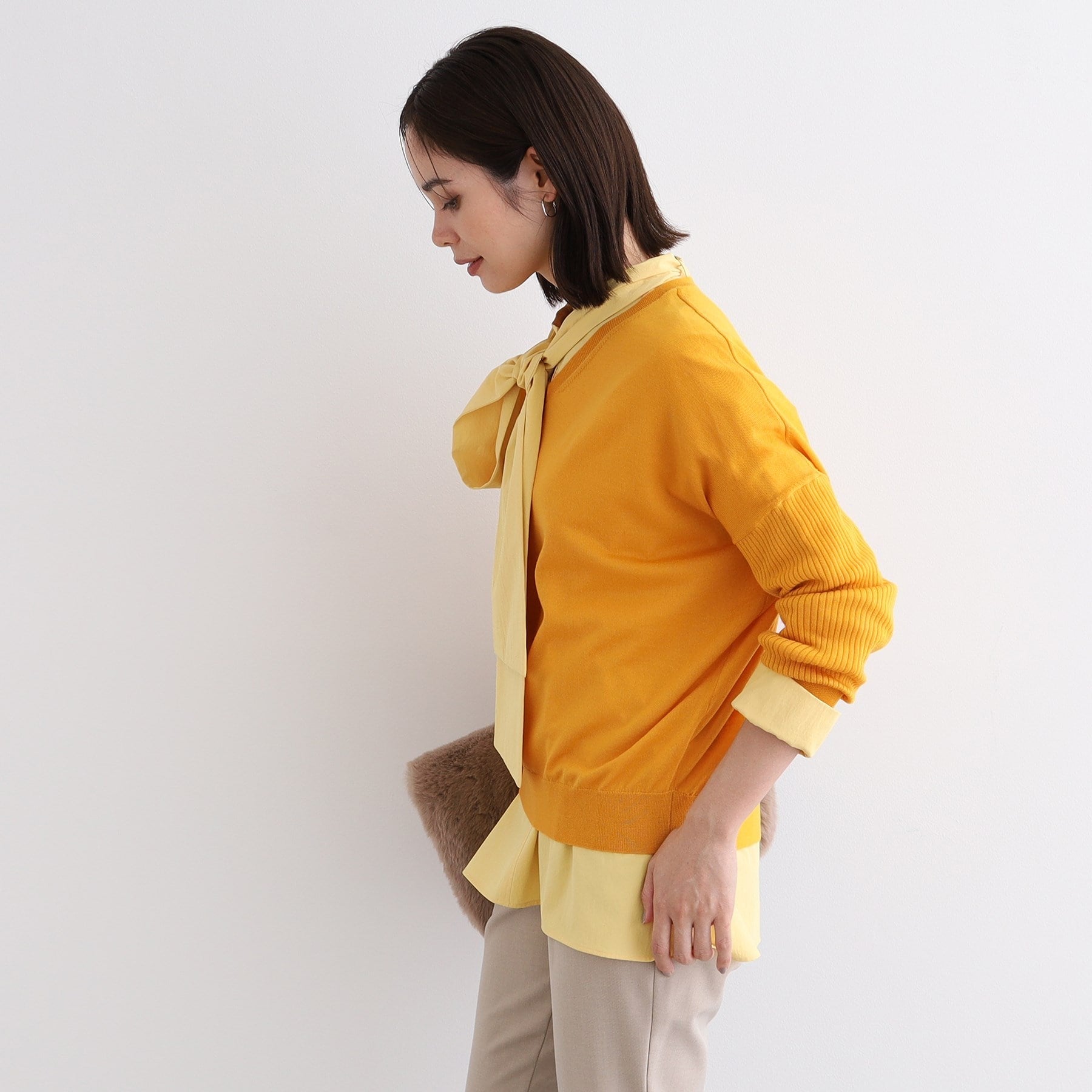 インディヴィ INDIVI 【ウール混】リブスリーブコンパクトニット