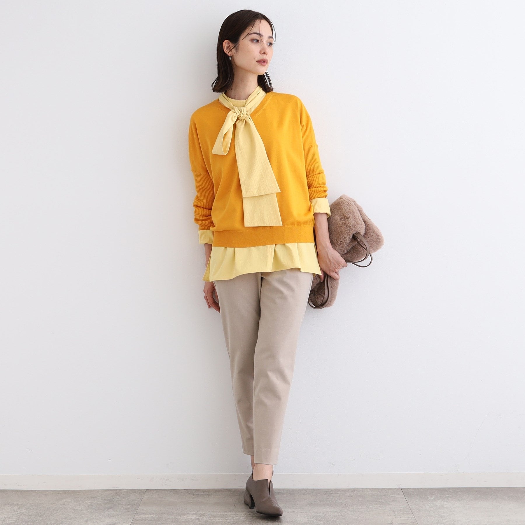 INDIVI 【羊毛混紡】緊身袖緊身短版針織衫