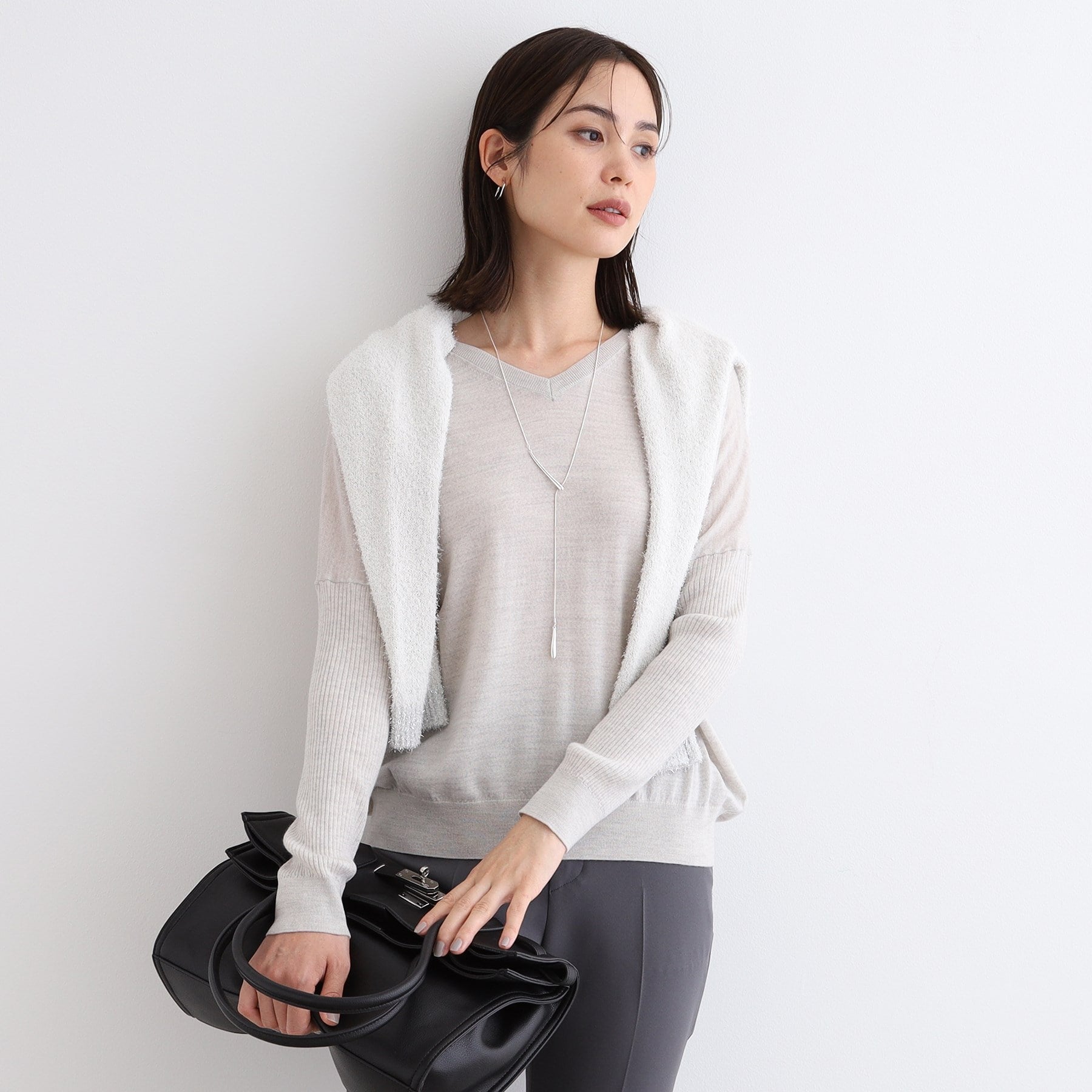 インディヴィ INDIVI 【ウール混】リブスリーブコンパクトニット