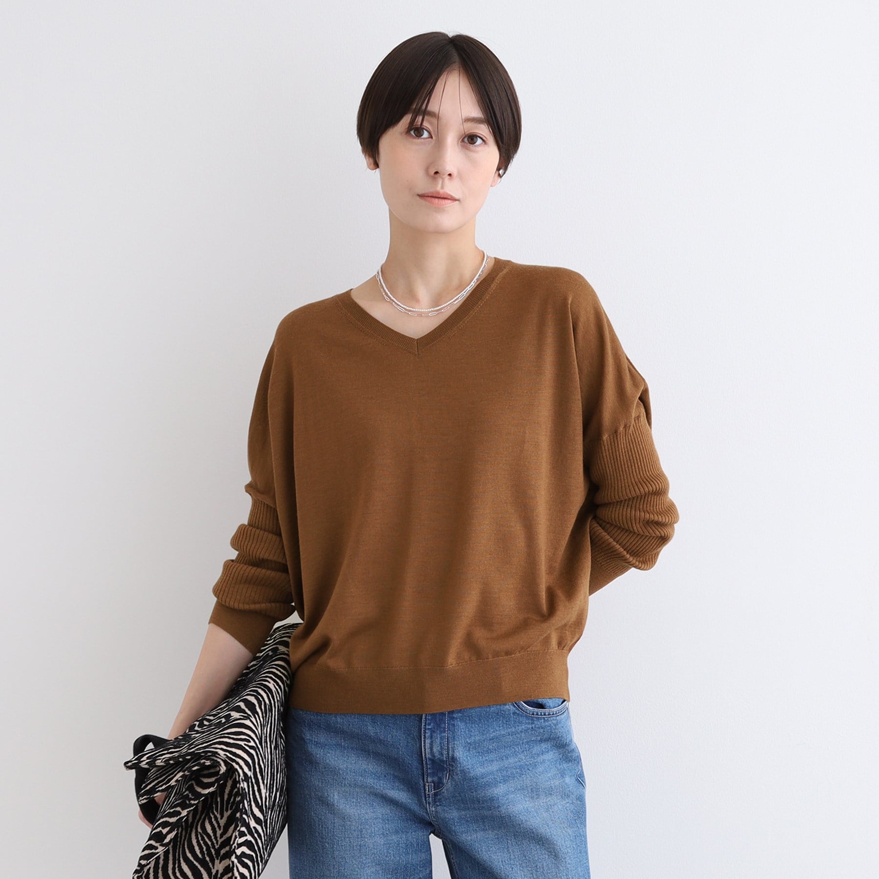 インディヴィ INDIVI 【ウール混】リブスリーブコンパクトニット