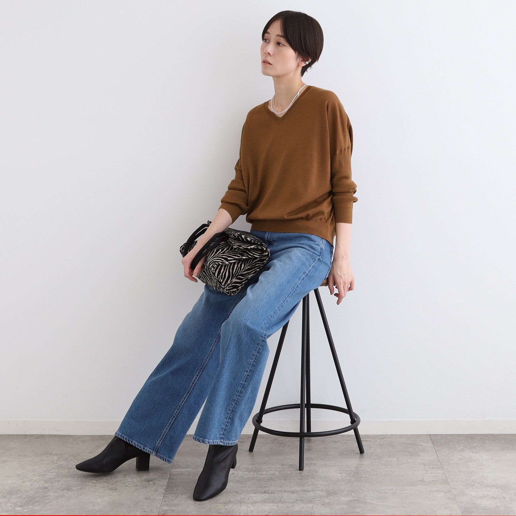 インディヴィ INDIVI 【ウール混】リブスリーブコンパクトニット