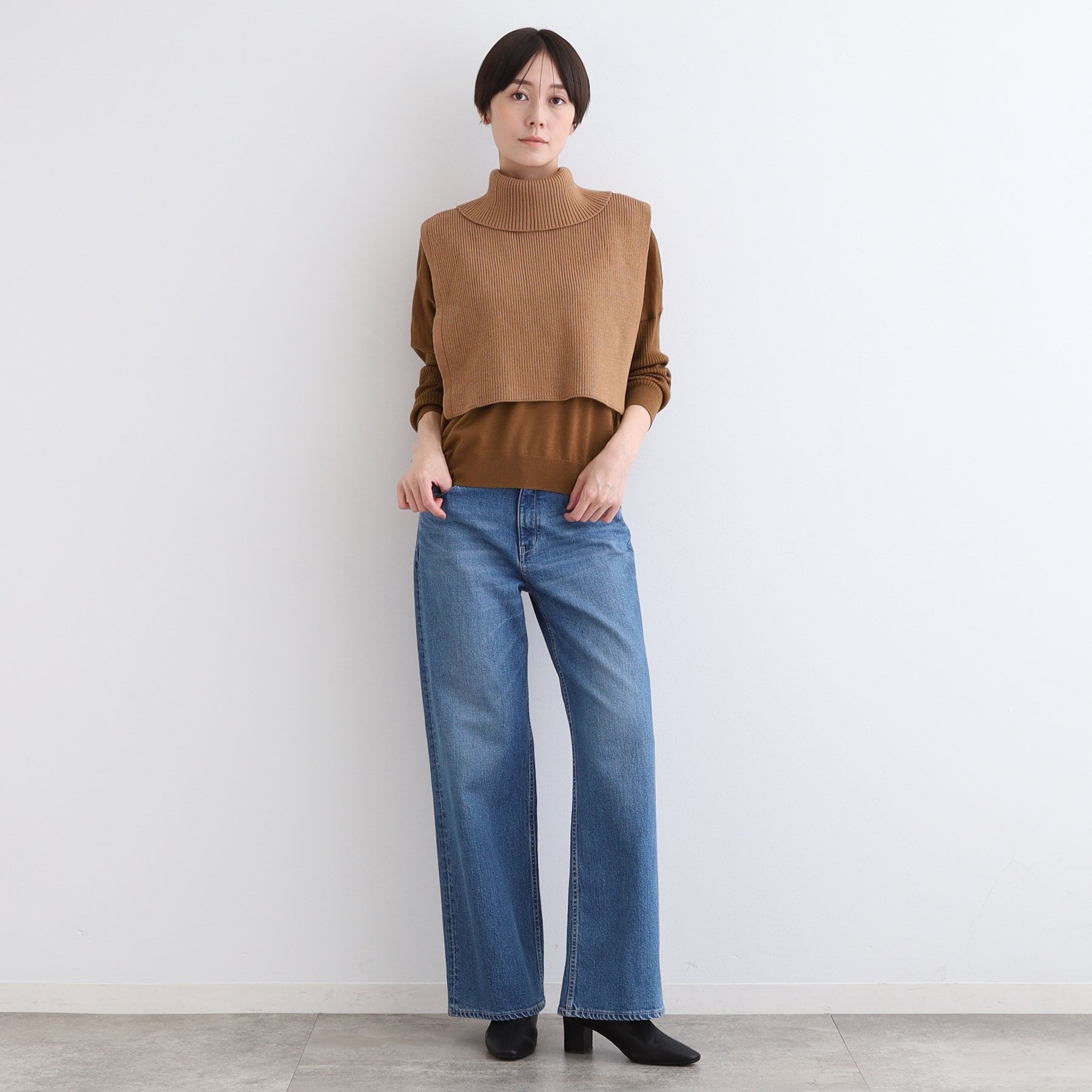 インディヴィ INDIVI 【ウール混】リブスリーブコンパクトニット