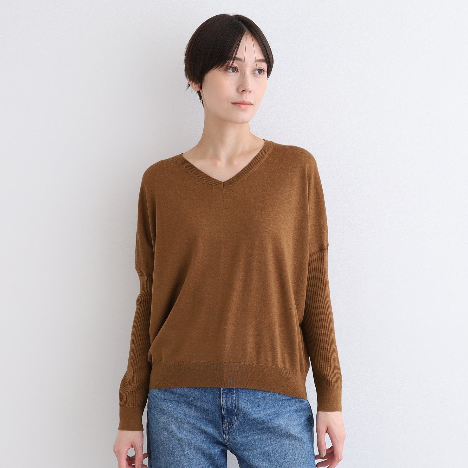 インディヴィ INDIVI 【ウール混】リブスリーブコンパクトニット