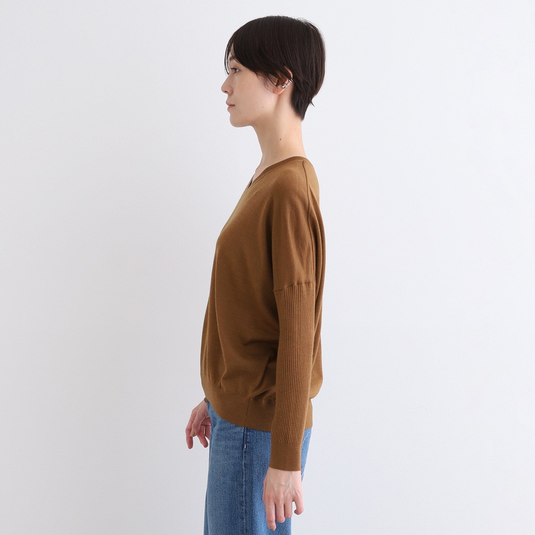 インディヴィ INDIVI 【ウール混】リブスリーブコンパクトニット