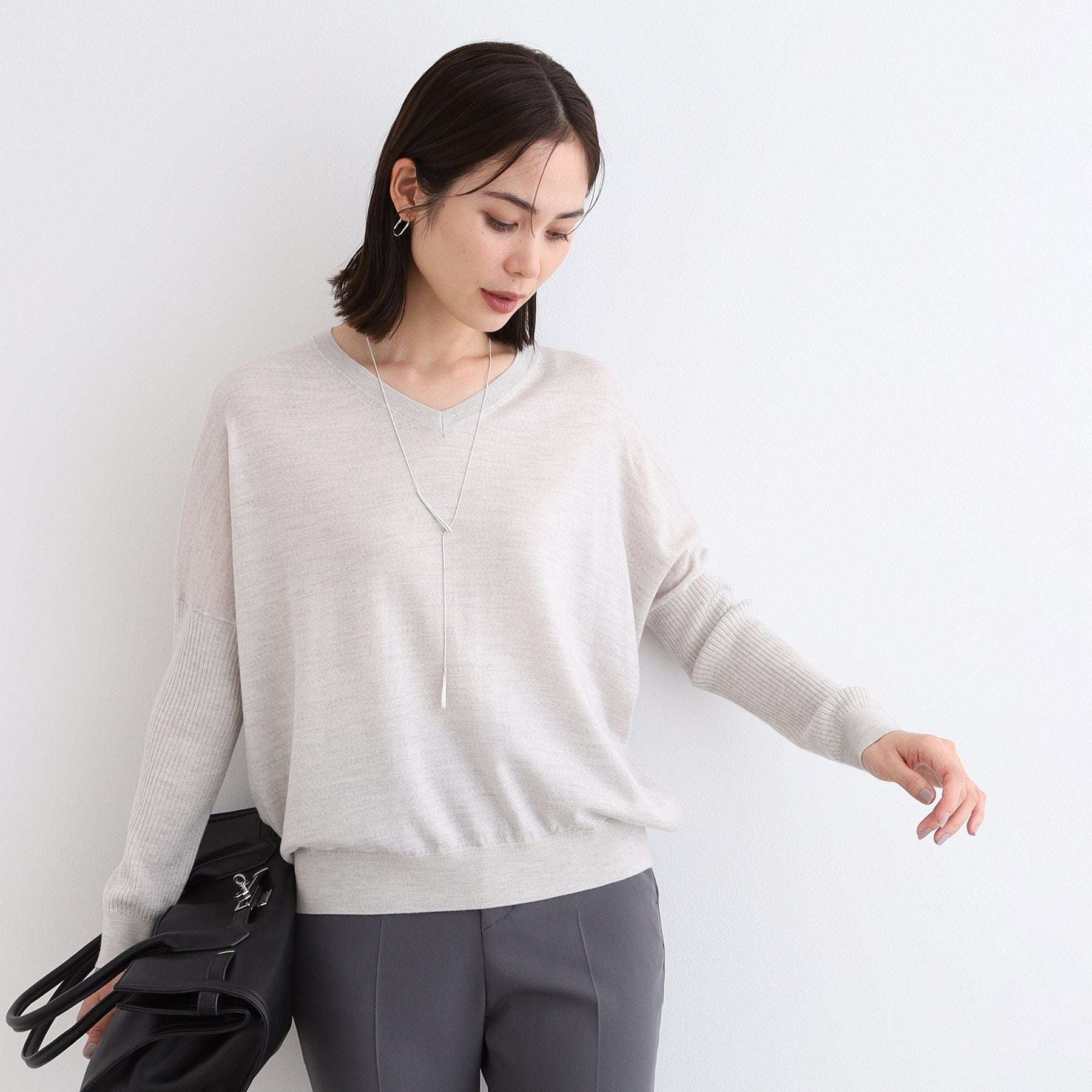 インディヴィ INDIVI 【ウール混】リブスリーブコンパクトニット,ライトグレー(911)