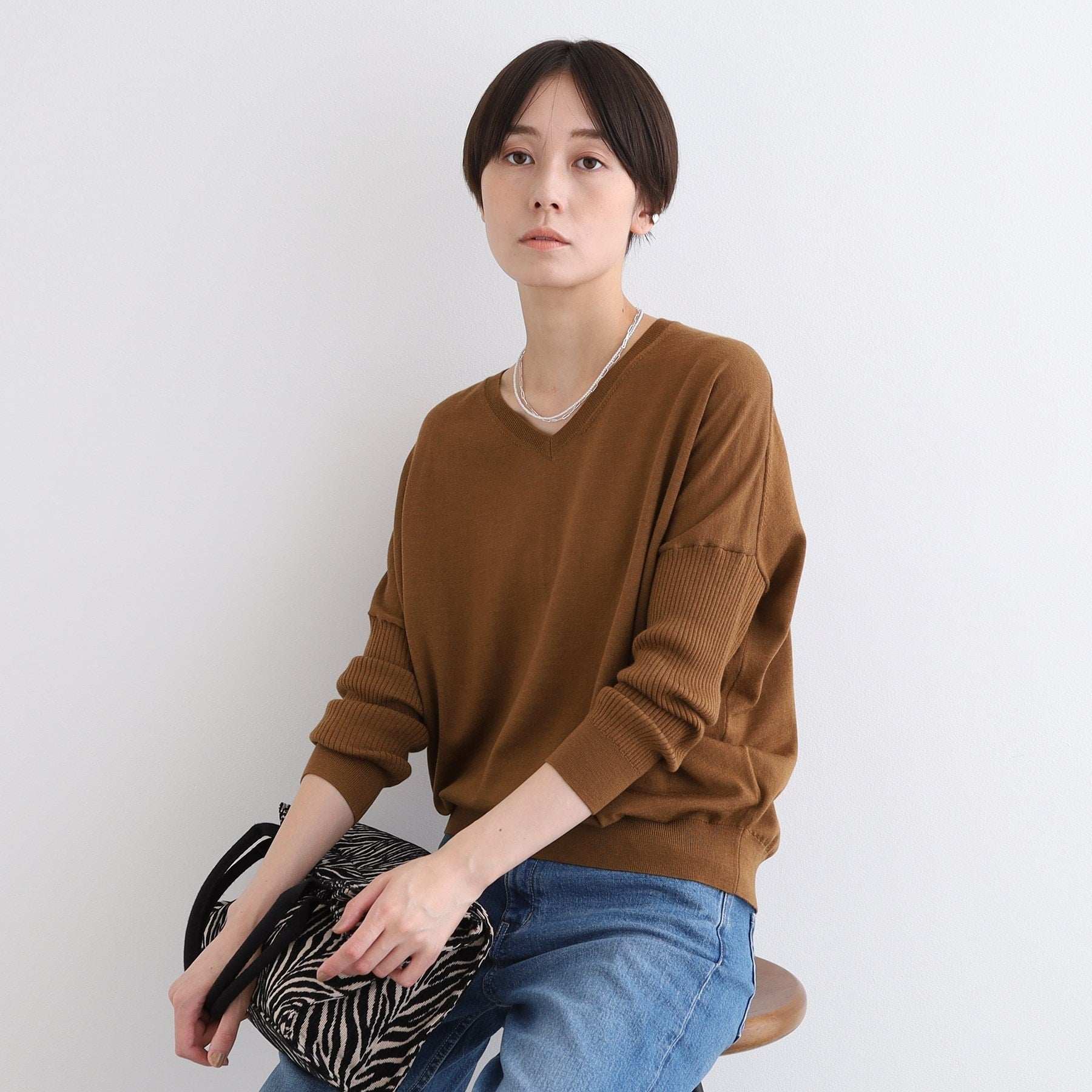 インディヴィ INDIVI 【ウール混】リブスリーブコンパクトニット （キャメルブラウン(041)） キャメルブラウン(041)