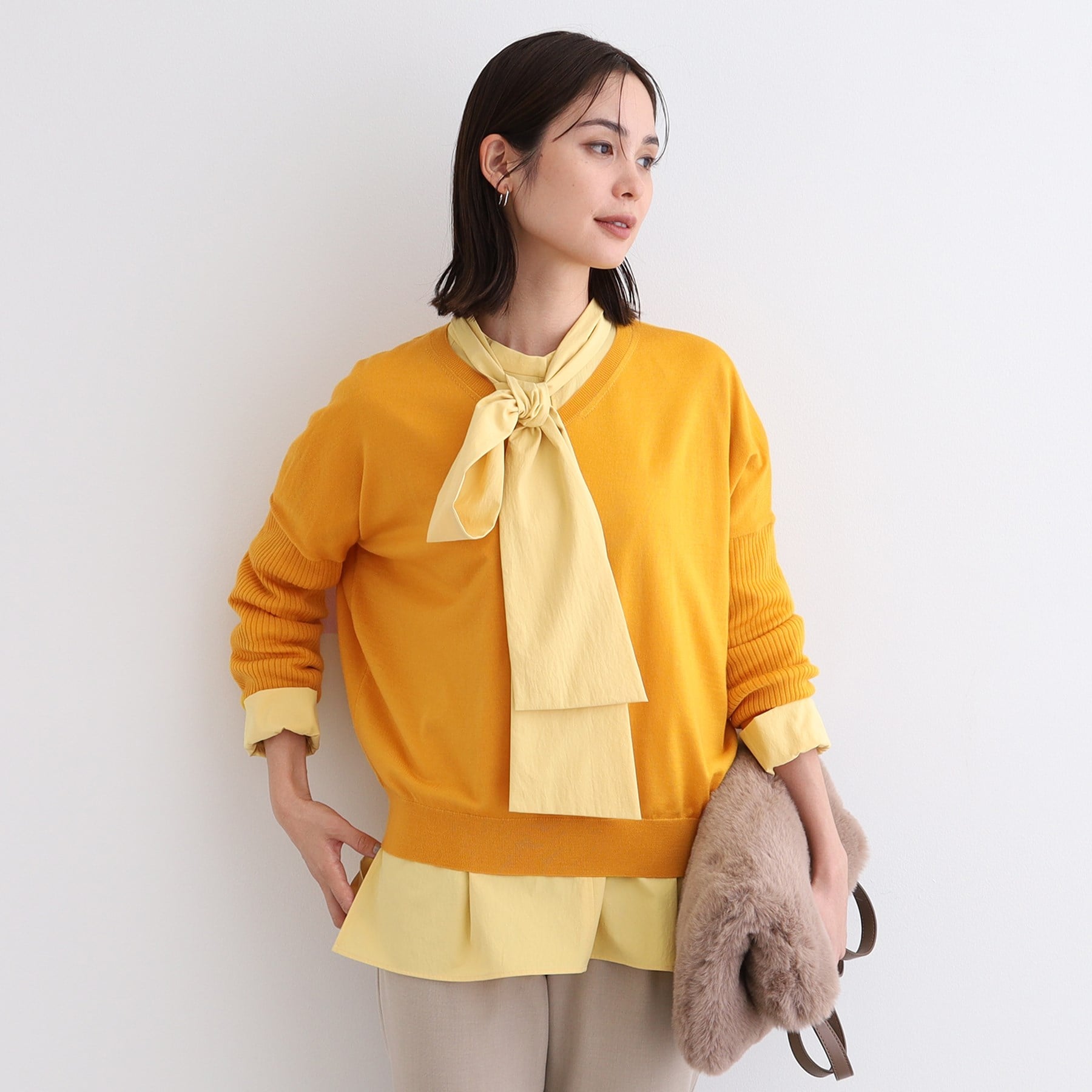 インディヴィ INDIVI 【ウール混】リブスリーブコンパクトニット （イエロー(032)） イエロー(032)