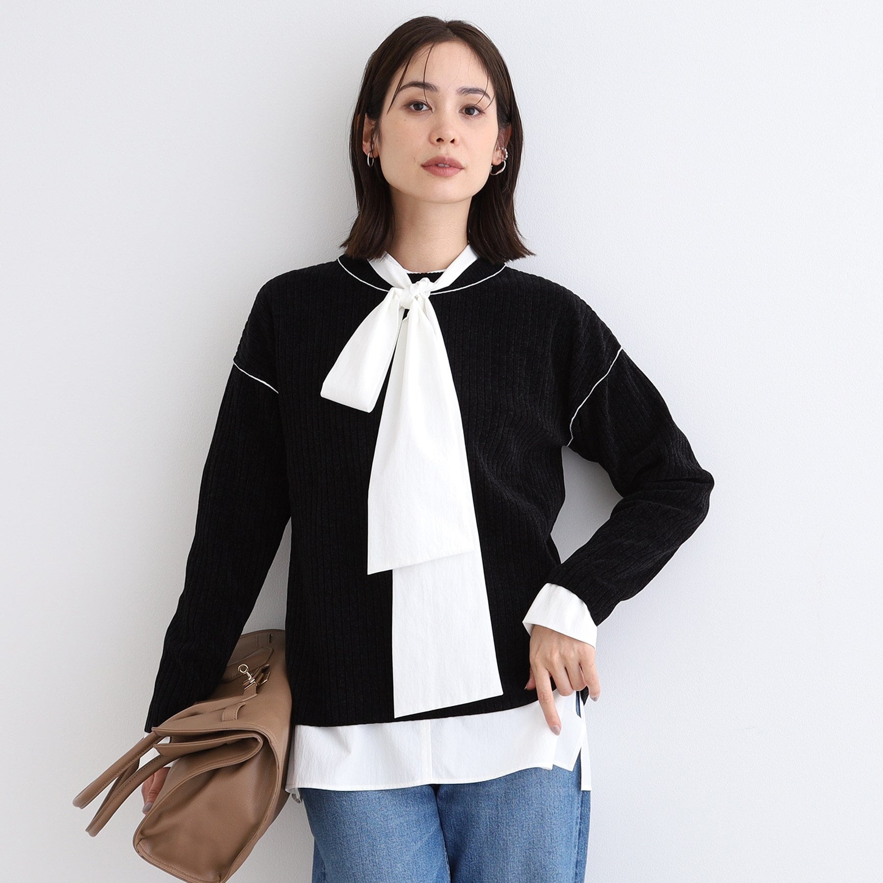 インディヴィ INDIVI 【トレンド◎／パイピングデザイン】モールヤーンニット （ブラック(019)） ブラック(019)